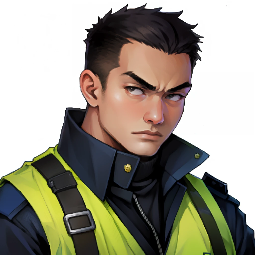 Ridiculous resolution,hight resolution,(tmasterpiece:1.4),Hyper-detailing,A young man,Japan Police Officer, serious facial expression, Solo,Allback