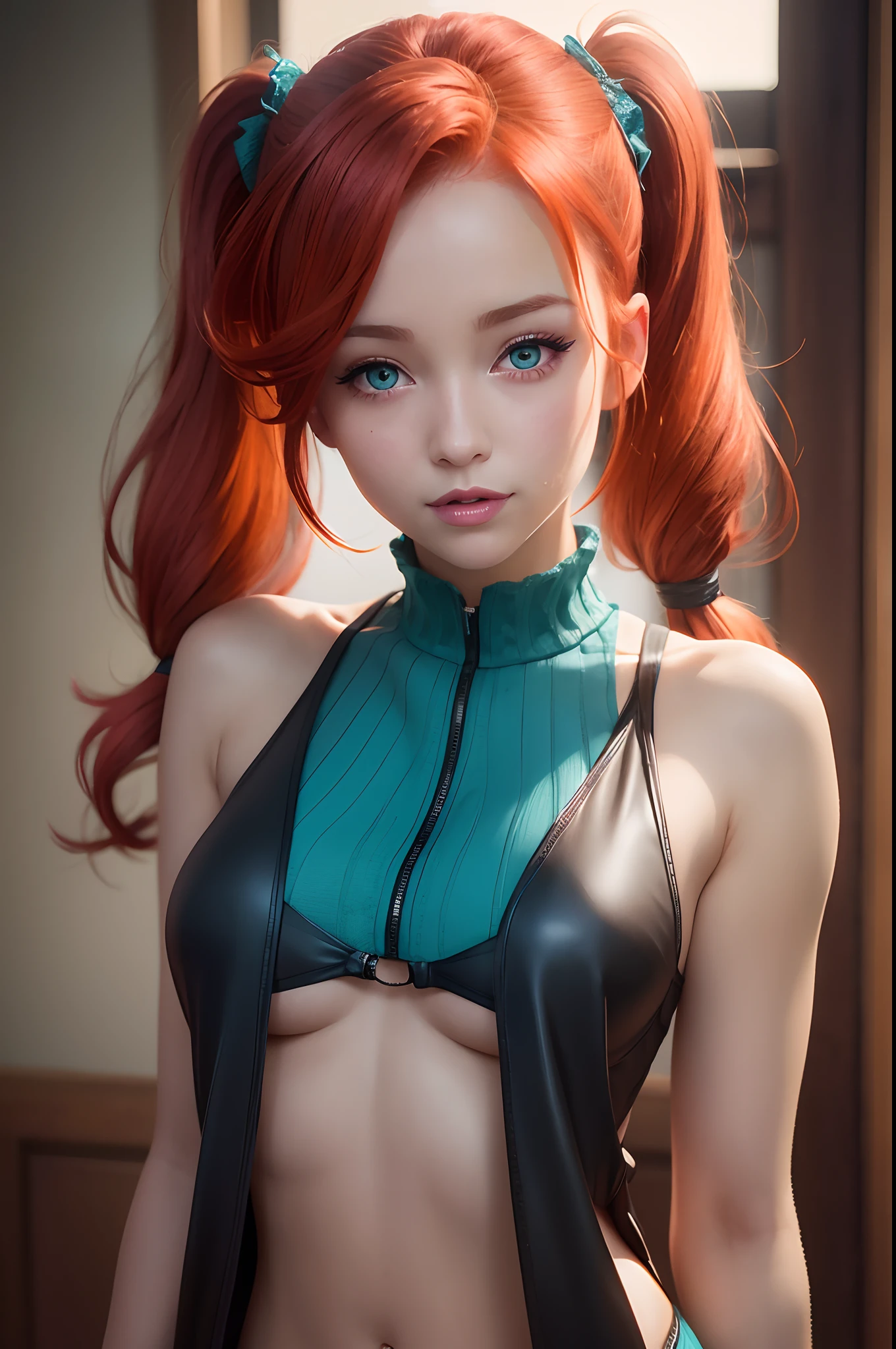 Photorealistic, Sexy, woman's, style of, pigtails, passion, , redhead hair, ssmile, Cyan eyes, little chest