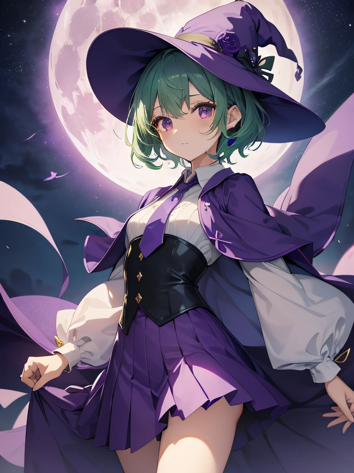 top-quality、extremely delicate and beautiful、elementary student、Purple Eye、Lori、Chiquita、Green hair、short-haired、(purple witch hat)、Purple tie、Soio、shortsleeves、Purple skirt、Purple Wizard Robe、Navel、is standing、Full moon night on background