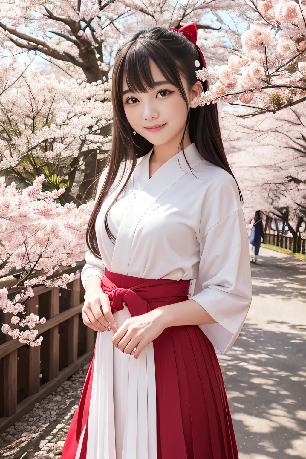 top-quality、8K、photoRealstic、1 girl in、bangss、cute little、17 age、White and vermilion hakama、A smile、long、A path lined with flourishing cherry blossom trees、cherryblossom、Vermilion pleats、