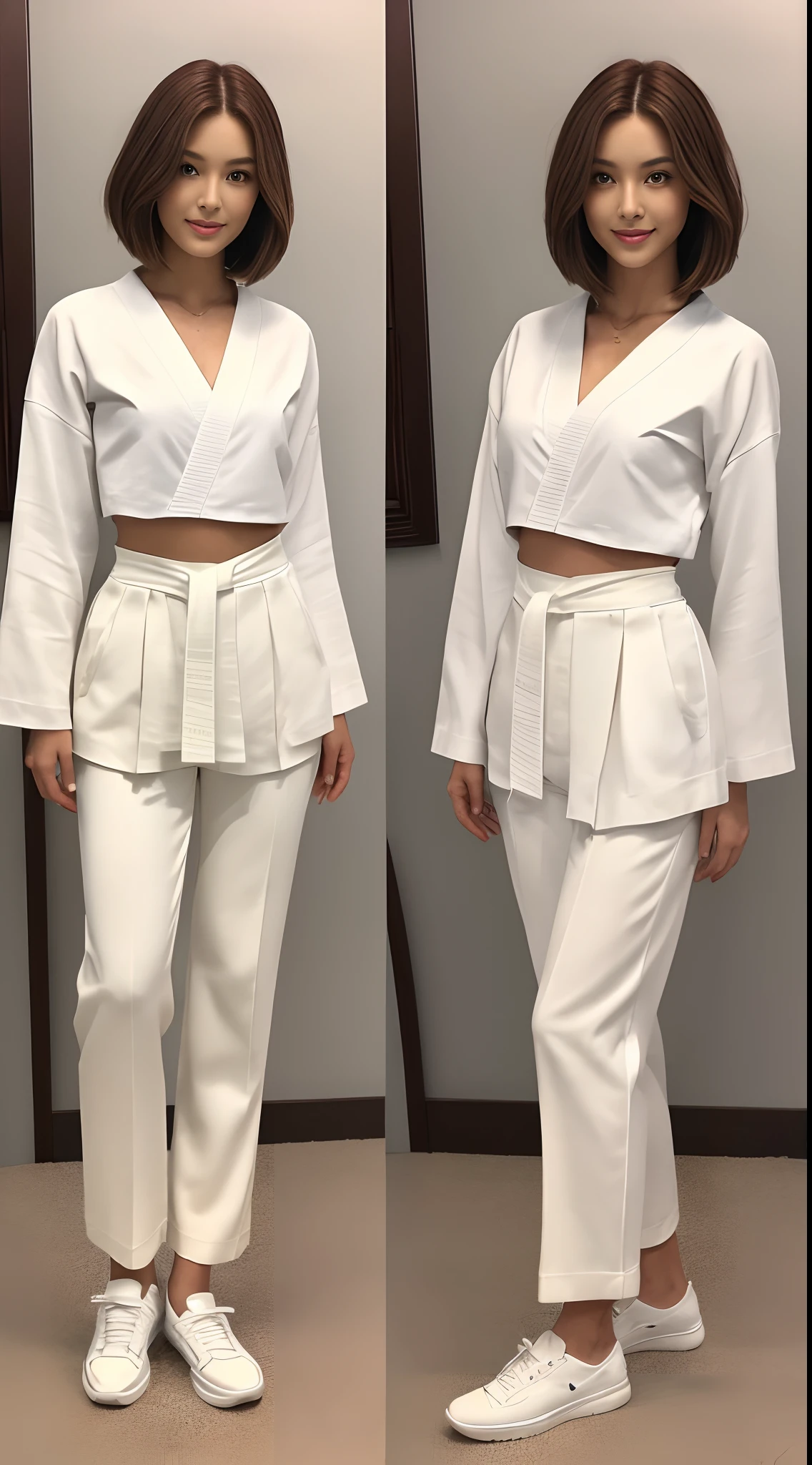 (Photorealsitic)(), Perfectly beautiful woman, (Full body 8K portrait), White Karate Uniform, White karate pants, Large bust,Stand alone, Perfect facial detail, (Smile: 1.15), attractive beautiful face, gazing at viewer, a small face, 二重まぶた, Beautiful detailed eyes, long eyeslashes, ligh brown hair, Bob Style Hairstyles, Toned waist, Beautiful thin legs, toned ankles, bare-legged ,TOKYOcty