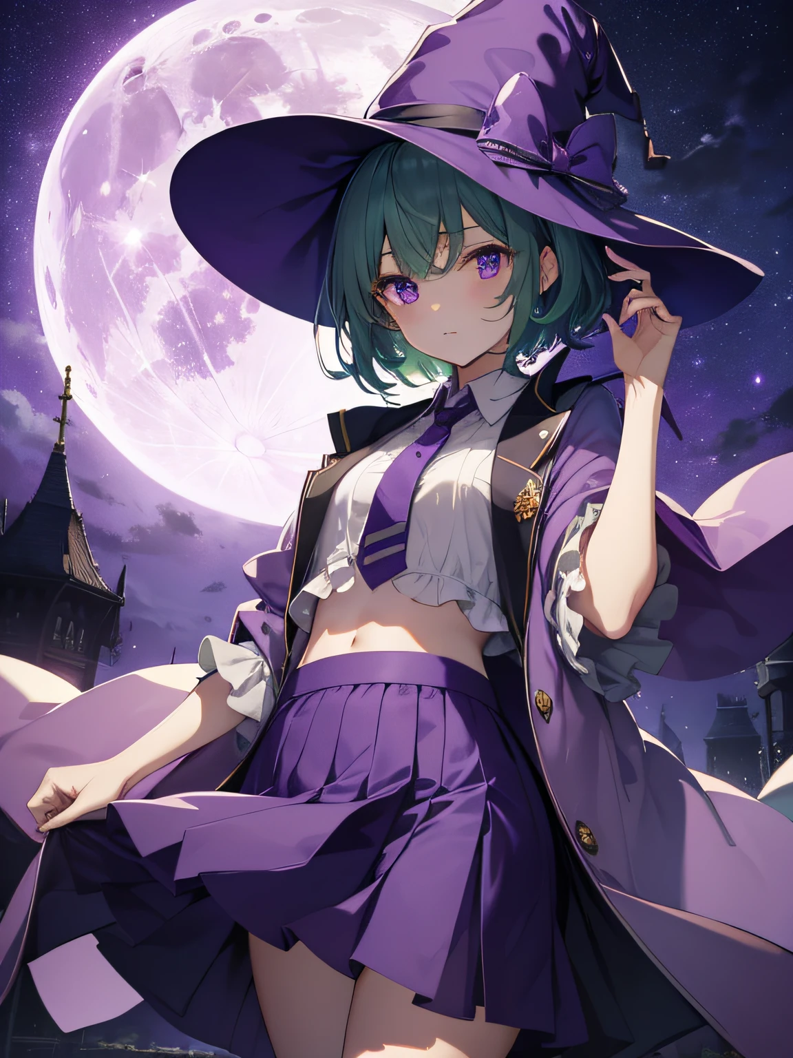 top-quality、extremely delicate and beautiful、elementary student、Purple Eye、Lori、Chiquita、Green hair、short-haired、(purple witch hat)、Purple tie、Soio、shortsleeves、Purple skirt、Purple Wizard Robe、Navel、is standing、Full moon night on background