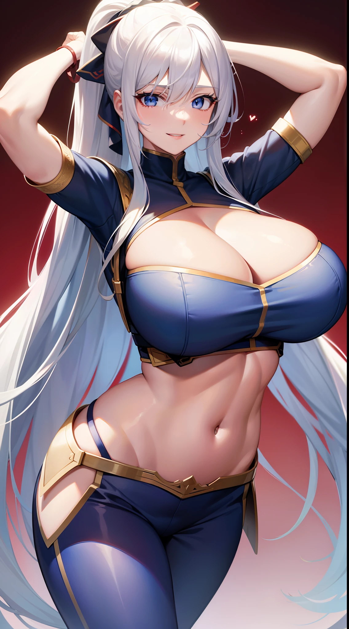 Adult woman, Long white hair, blue eyes, Smile, Red tight top, Huge-breasts, open belly, Combat pants, hands behind head, hiquality, 4k, HD, Good detail