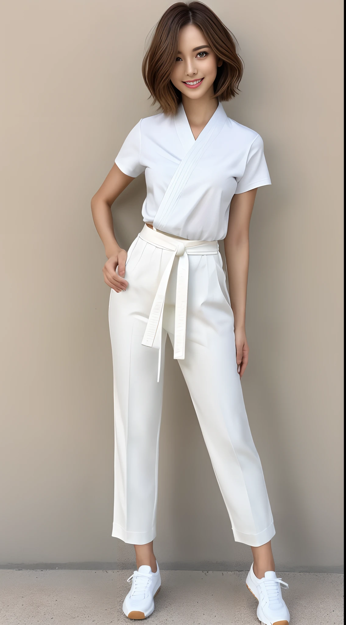 (Photorealsitic)(), Perfectly beautiful woman, (Full body 8K portrait), White Karate Uniform, White karate pants, Large bust,Stand alone, Perfect facial detail, (Smile: 1.15), attractive beautiful face, gazing at viewer, a small face, 二重まぶた, Beautiful detailed eyes, long eyeslashes, ligh brown hair, Bob Style Hairstyles, Toned waist, Beautiful thin legs, toned ankles, bare-legged ,TOKYOcty
