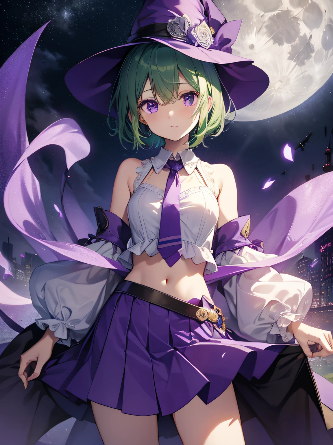 top-quality、extremely delicate and beautiful、elementary student、Purple Eye、Lori、Chiquita、Green hair、short-haired、(purple witch hat)、Purple tie、Soio、shortsleeves、Purple skirt、Purple Wizard Robe、Navel、is standing、Full moon night on background