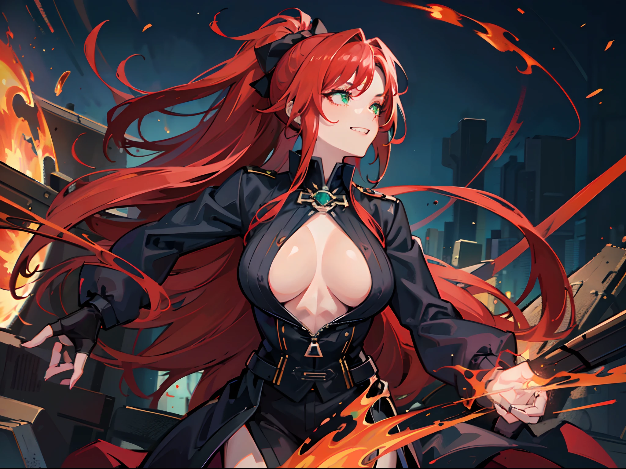 1 girl, solo, dark flaming red hair, (colourful_fringes), view from the side, menacing aura, grin, evil expression, jagged teeth, ponytail, black bow, glowing emerald green cyborg eyes, blue jacket, large breasts, V-neck, short gloves, (muscular physique), cyberpunky background