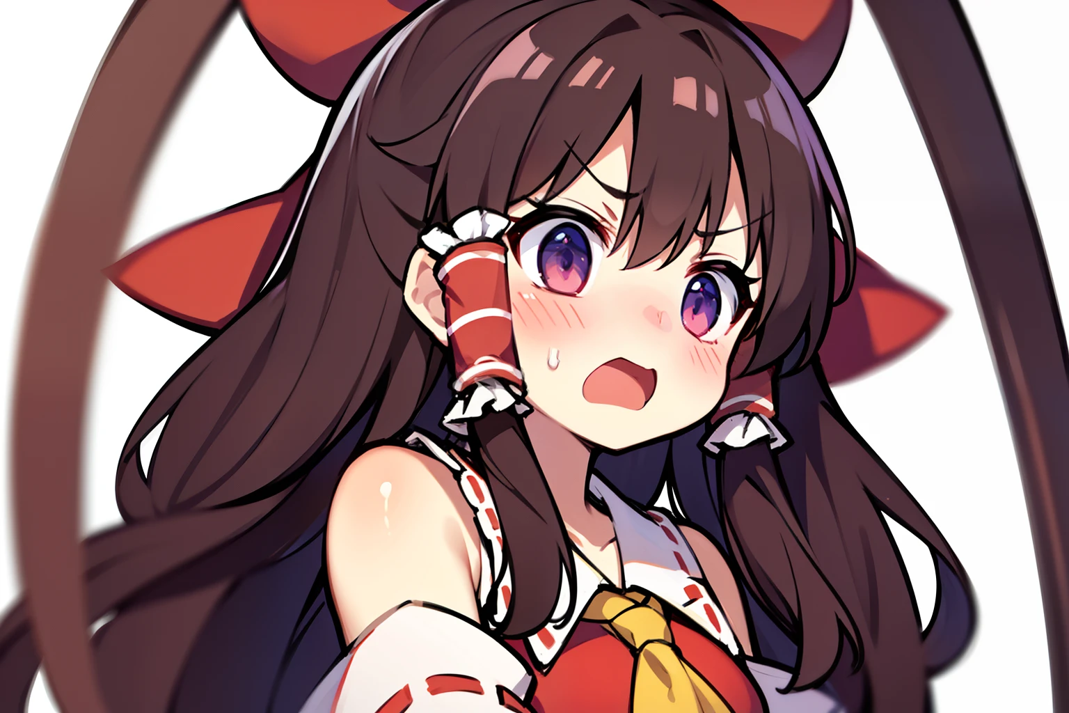 Hakuurei Reimu was surprised、beautiful countenance、Highlights in the eyes、(embarrassed from)、glares、with a pure white background、 looking_away,