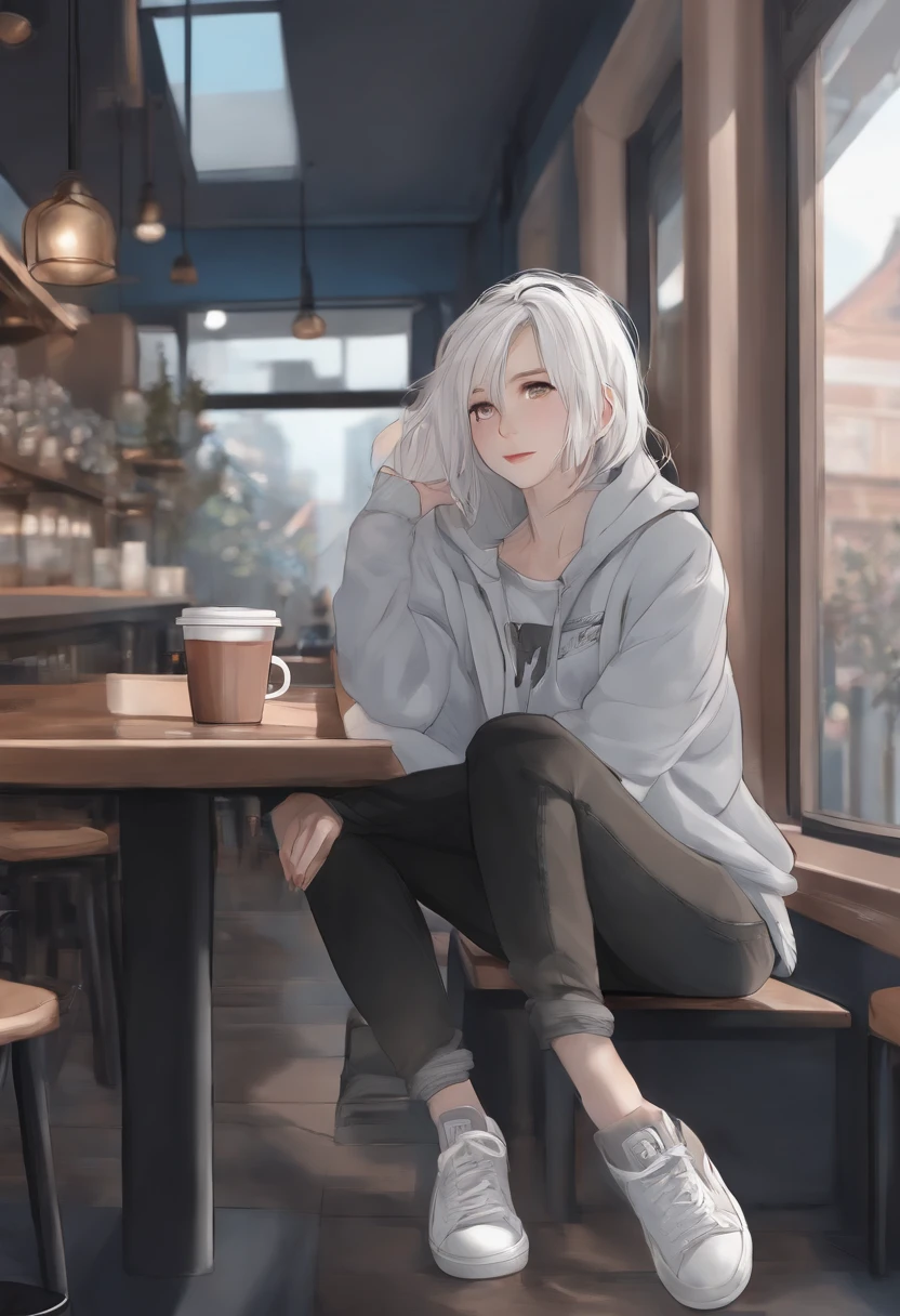 anime, hand drawn, 2D, 1girl, long hair, white hair, blue eyes, small smile, coffee shop background, gray t-shirt, black hoody, baggy jeans, black sneakers, sitting, long pants, blush,