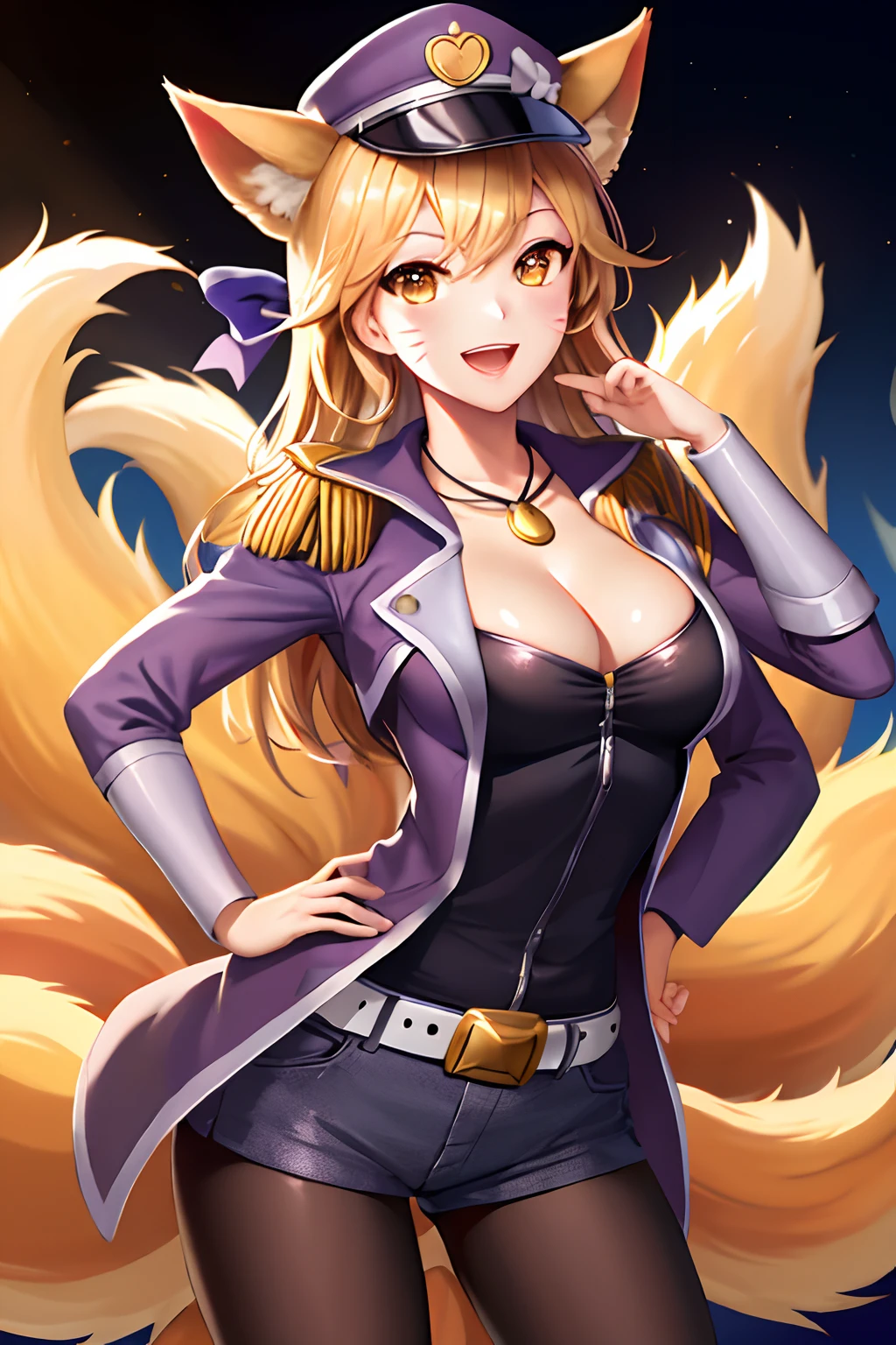 masterpiece, best quality, highres, ah2, facial mark, multiple tails, fox tail, hat bow, necklace, peaked cap, jewelry, cleavage, epaulettes, necklace, belt, jacket, open jacket, short shorts, black pantyhose, long sleeves, large breasts, standing, cowboy shot, stage, smile, salute, hand on hip, open mouth,