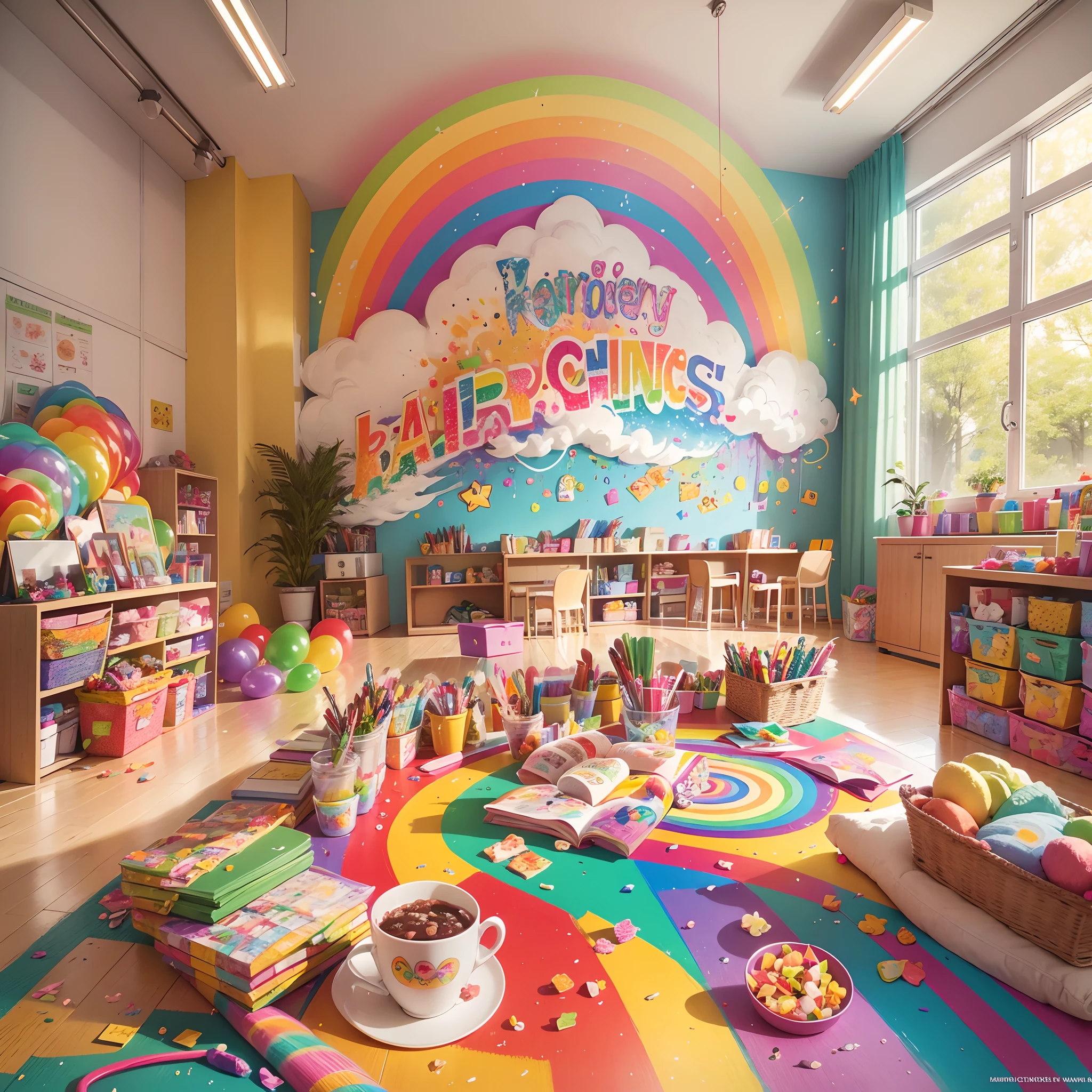 rainbow theme activities,Classroom,Girl with colorful brushes,Joyful laughter,bright vibrant colors,Artistic expression and creativity,Full of happiness and excitement,Cheerful and fun atmosphere,Beautifully decorated classroom walls,Paper cuts and crafts hang on the ceiling,With a giant rainbow painting as the core,Expressive and imaginative artwork,Glitter and glitter add a magical touch,Cute rainbow themed snacks and snacks,Unforgettable and heartwarming moments,Best quality,high resolution,Masterpiece,Ultra-detailed,Realistic,Portrait style,Vivid and vibrant colors,Warm and soft lighting