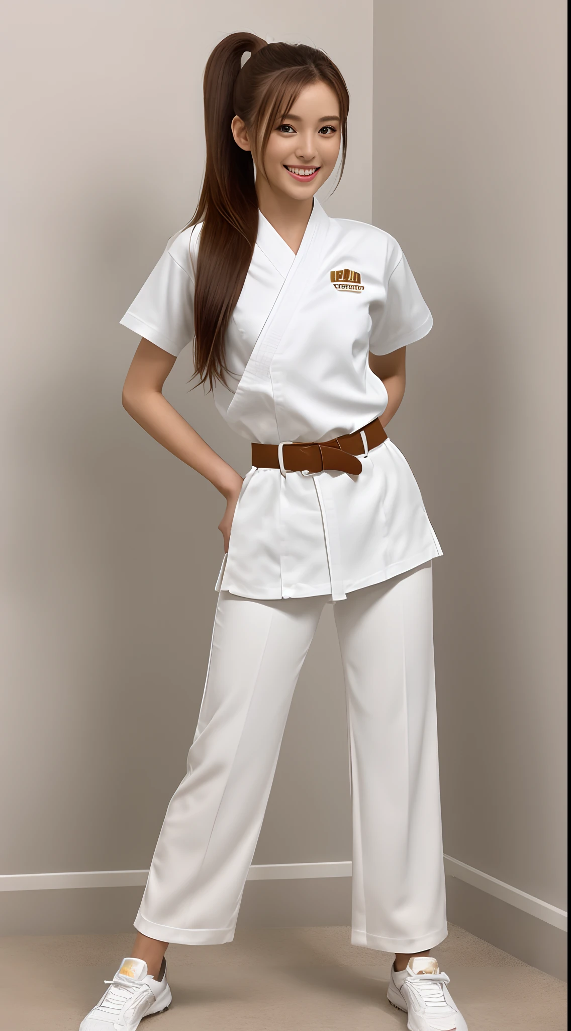 (Photorealsitic)(17 age), Perfectly beautiful woman, (Full body 8K portrait), White Karate Uniform, White karate pants, Large bust,Stand alone, Perfect facial detail, (Smile: 1.15), attractive beautiful face, gazing at viewer, a small face, 二重まぶた, Beautiful detailed eyes, long eyeslashes, ligh brown hair, ponytail in high position, Toned waist, Beautiful thin legs, toned ankles, bare-legged ,TOKYOcty
