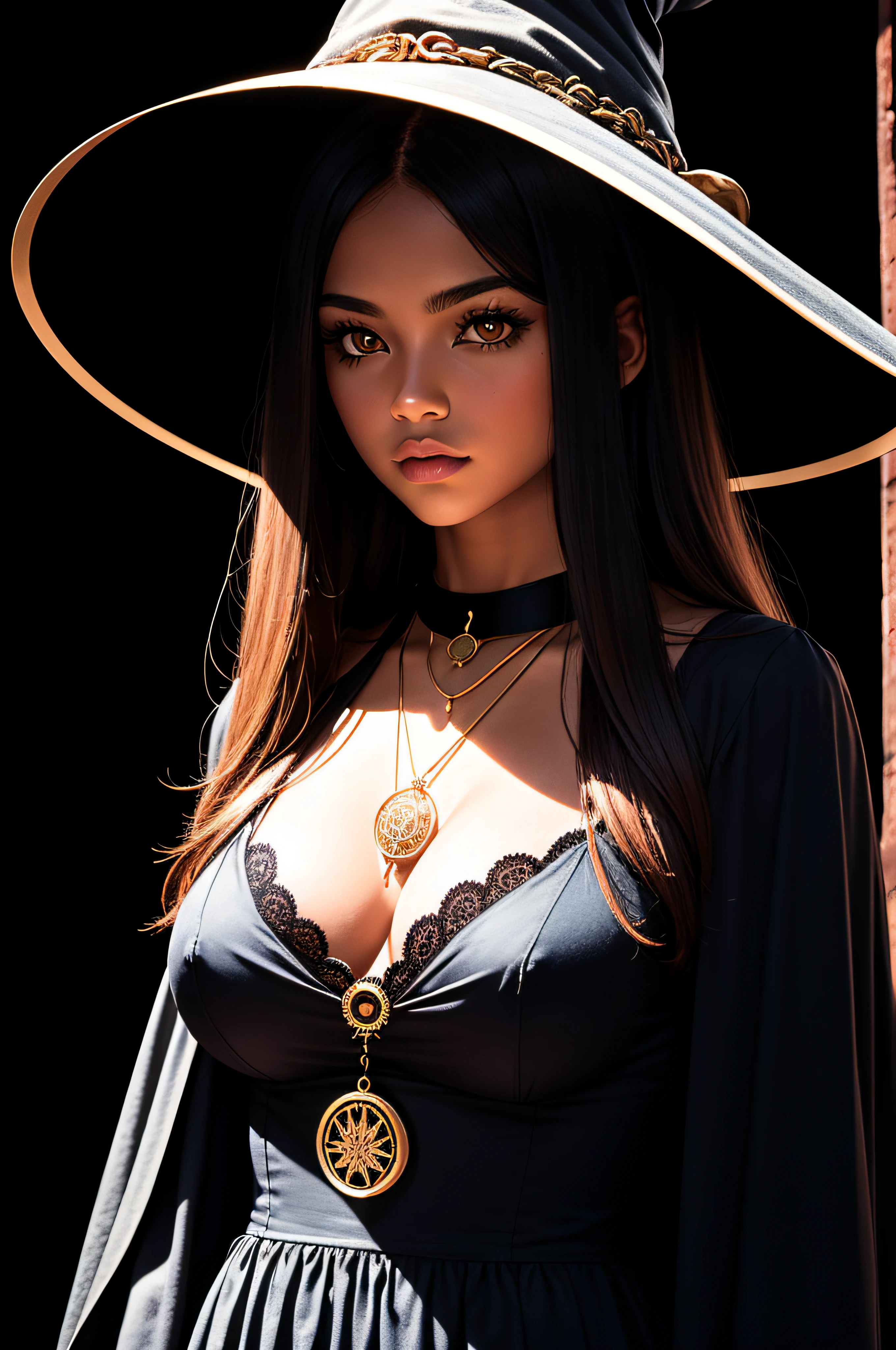 Create a print-ready logo, (symmetry: 1.2), The Witch Girl, in a big witch's hat, Amulet around the neck, Fewer details, Gloomy color scheme, illustartion, 8K, Fewer details, dark skin, handsome body, Small clothes, Smooth Lines, generous cleavage.