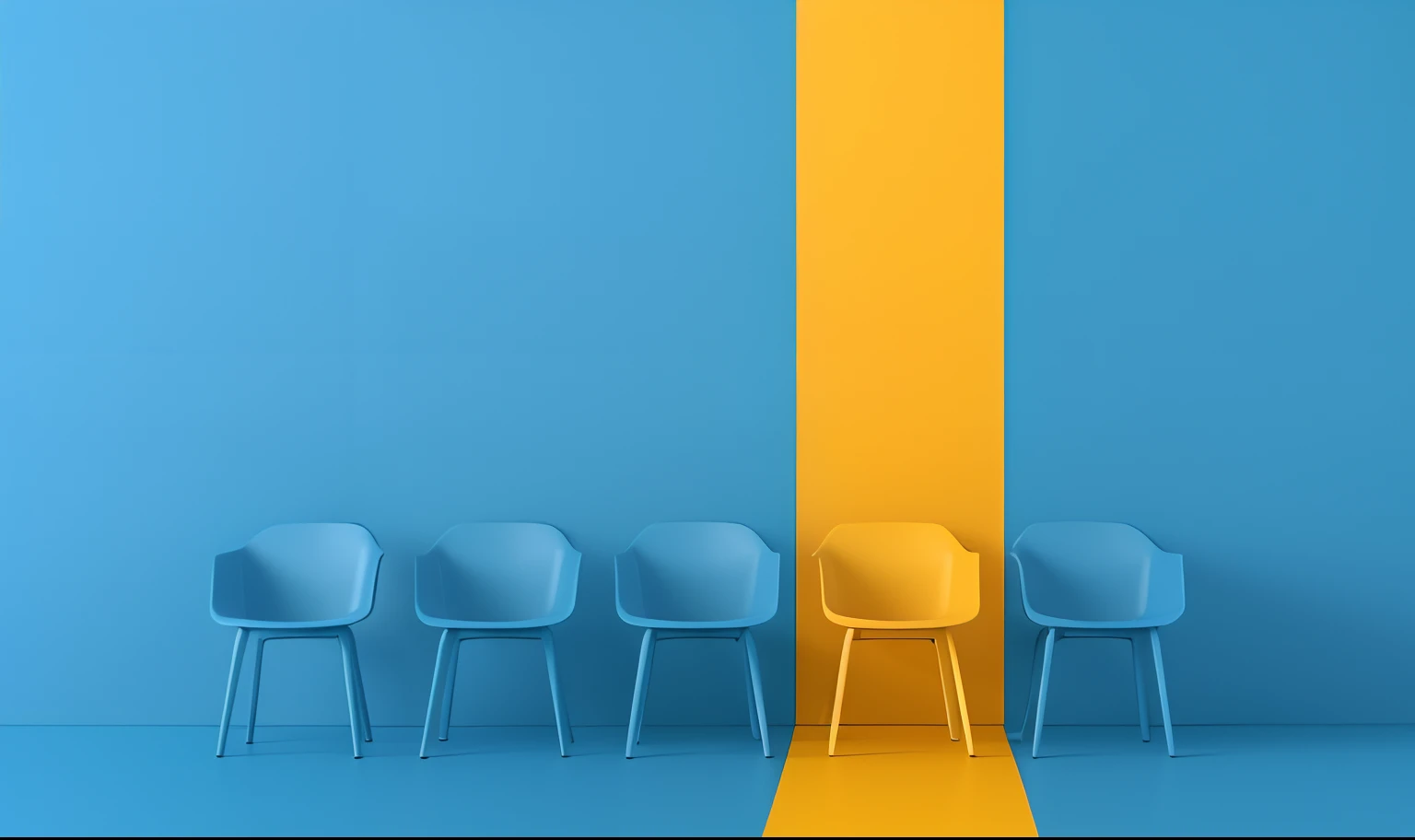 a row of blue chairs in front of a yellow wall, blue and yellow color theme, blue and yellow color scheme, yellow and blue color scheme, chairs, minimalistic composition, minimal background, blue and yellow theme, strong lines and bold colors, blue and yellow, bold complementary colors, blue realistic 3 d render, in style of 3d render
