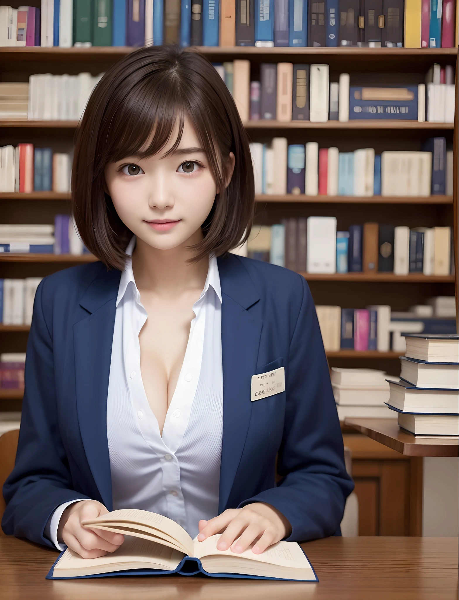 a beauty girl、cute 、High school students、Brown hair、short-hair、Small face、ssmile、校服、student clothes、Dark blue blazer、white  shirt、huge tit、tits out、atlibrary、tranquil space、A few books on the desk、