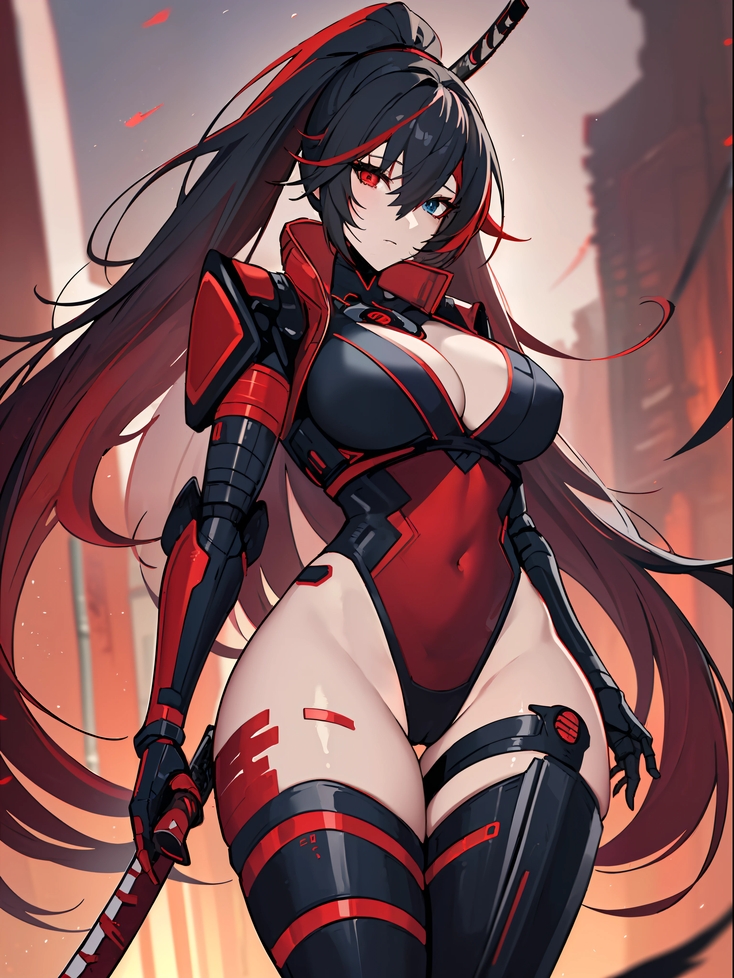(best quality, masterpiece, anime) (solo) (black hair with red and white highlights:1.2, very long hair, single ponytail), (heterochromia_eyes_red_and_blue:1.4), thick thighs, huge breasts, muscular, athletic, (cyborg:1.5), (robot arms:1.2), (robot legs:1.2), (high-leg leotard:1.5, one-piece, red_black_outift:1.3, cleavage), (jacket), headgear, toned body, 1 woman, (age 30), (cyber katana:1.5), (ninja outfit:1.6), beautiful, sexy, first rate body, Lucia_Crimson_Weave, Lucia