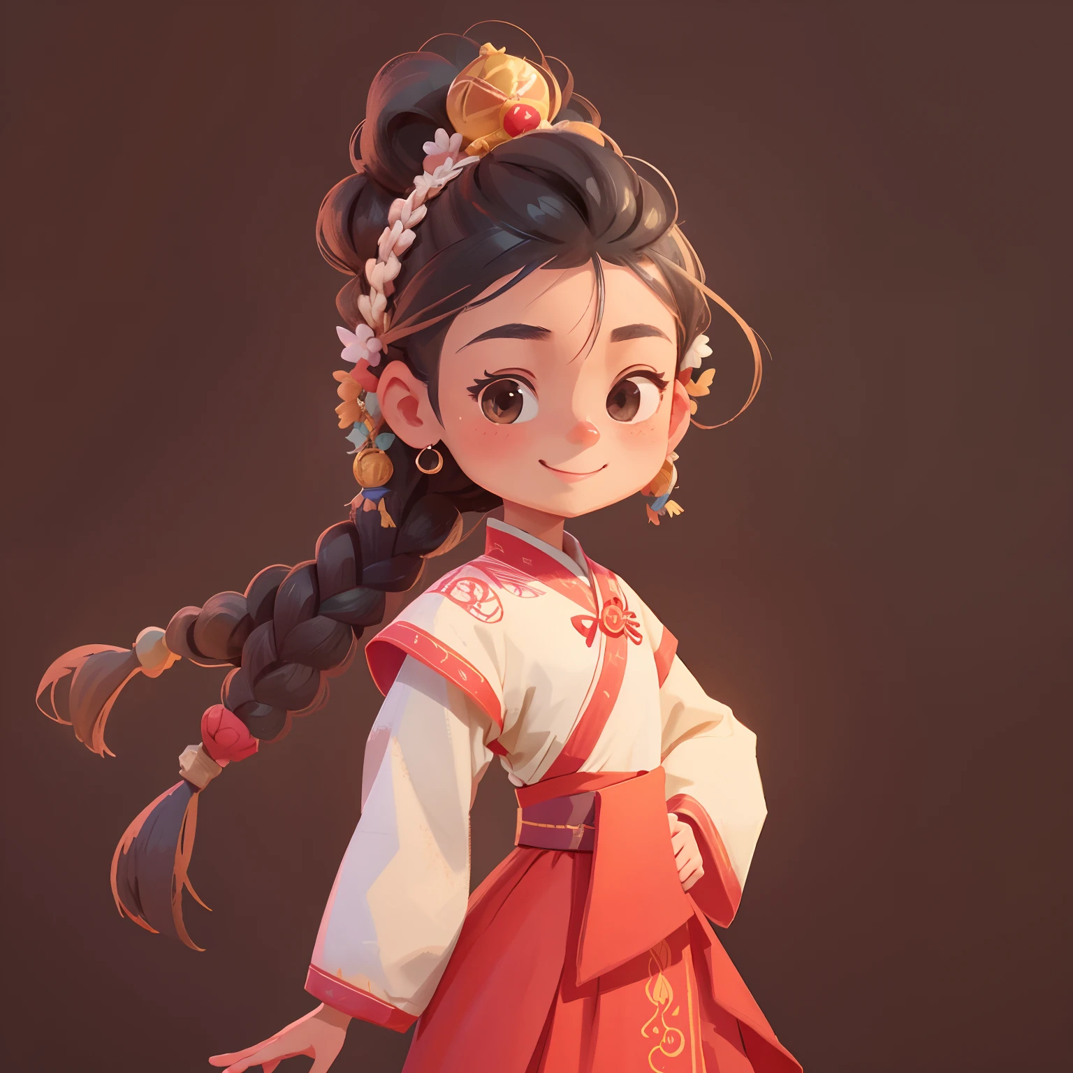 A cute girl ，Wearing Dunhuang-style clothing，Stand naturally，facing at camera，Smiling happily，With braids，solid color backdrop，Bubble Mart style，simplistic design，IP image，High-quality natural color combination、Bright and harmonious、cutecolors、Meticulous character design、behans、Haipai style、Organic sculpture、3D animation style character design、cartoon realistic、Interesting character setting、Ray traching、Children's illustration style