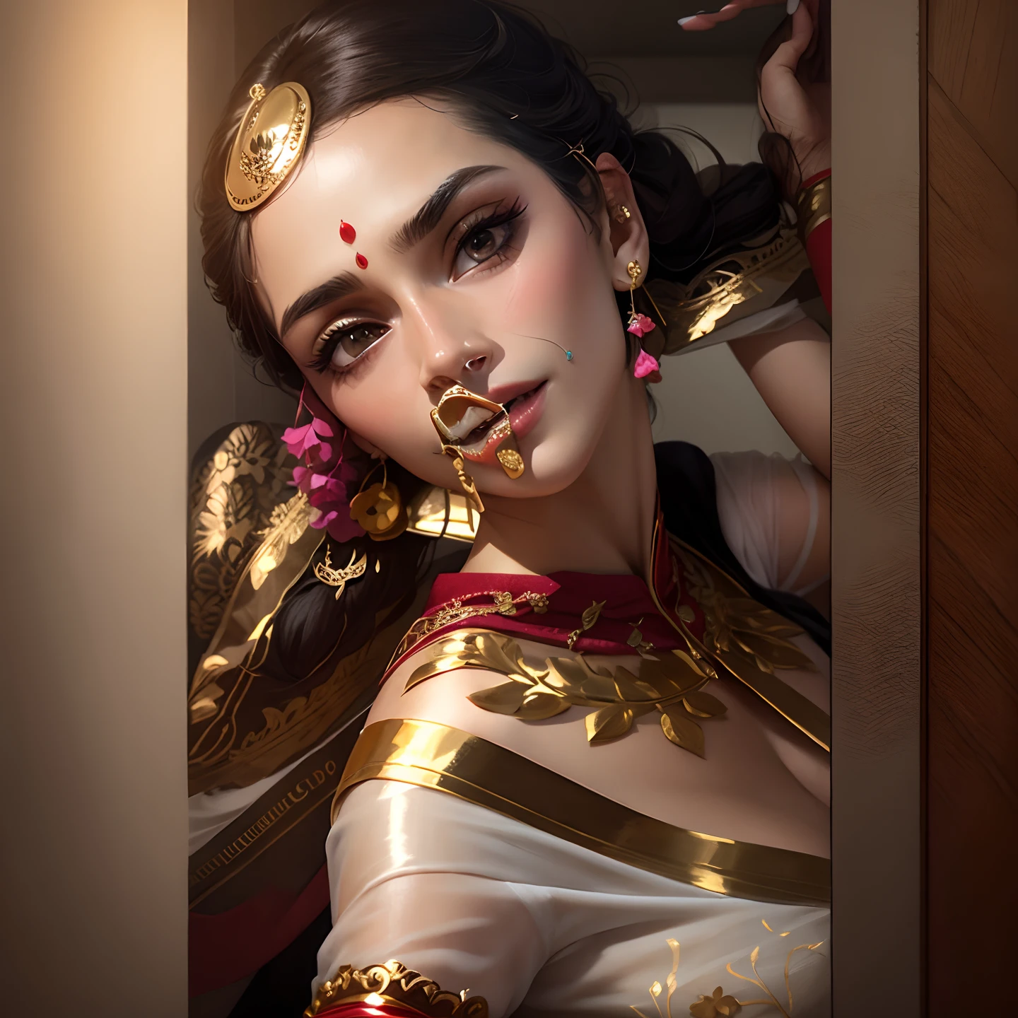 replace with modern half sari dress in indian style gold dress super smooth face realistic