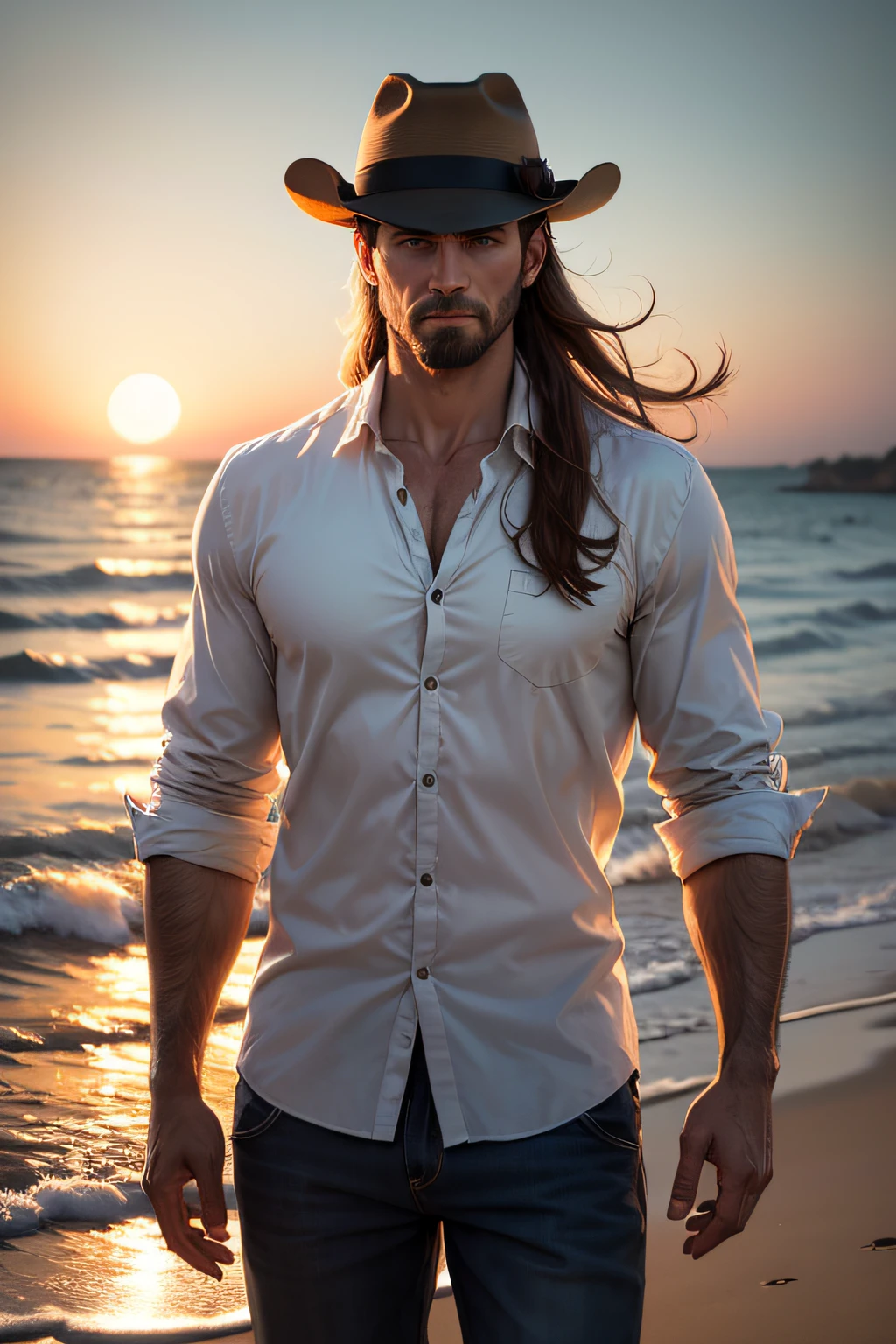 Realistic photography A rough man in a hat White shirt Brown eyes Brown hair Sea and sky meet Dusk Exquisite details