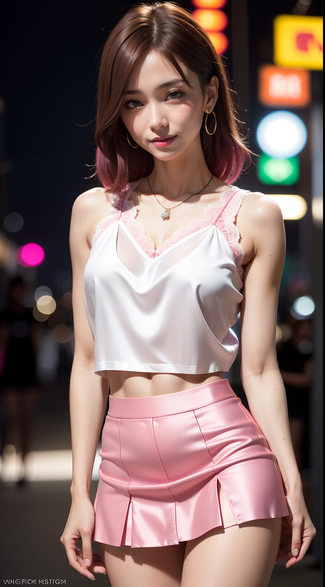 8K, masutepiece, Raw photo, Best Quality, Photorealistic, Highly detailed CG Unity 8K wallpaper, depth of fields, Cinematic Light, Lens Flare, Ray tracing, (Extremely beautiful face, Beautiful lips, Beautiful eyes), intricate detail face, ((Ultra detailed skin)) 1girl in, In the Dark, deepshadow, Pretty Korean girl, Kpop Idol, 1 girl, (Very slim and slender fit muscular body:1.3), ((Looking at Viewer)),(Big smile:1.3), (Tight lace blouse), (see through blouse), (Sleeveless) , (Fashion City Night, a dark night, (Neon sign), (Blurred background), Fashion Street Night),(No people in the background:1.3), Beautiful earrings, Bracelets, Necklace, pantyhose, Clear eyes, (pale skin), (Big eyes), Face forward, ((upperbody shot)), ((Silk Hot Pink Color Skirt:1.3)),(Brown hairs),((Tight Fit Silk Mini Skirt)), (Looking at Viewer:1.3) opened breast, Very slim, medium breasts, see through, ((Camel toe)), (silk shirt), (shirt with lace)