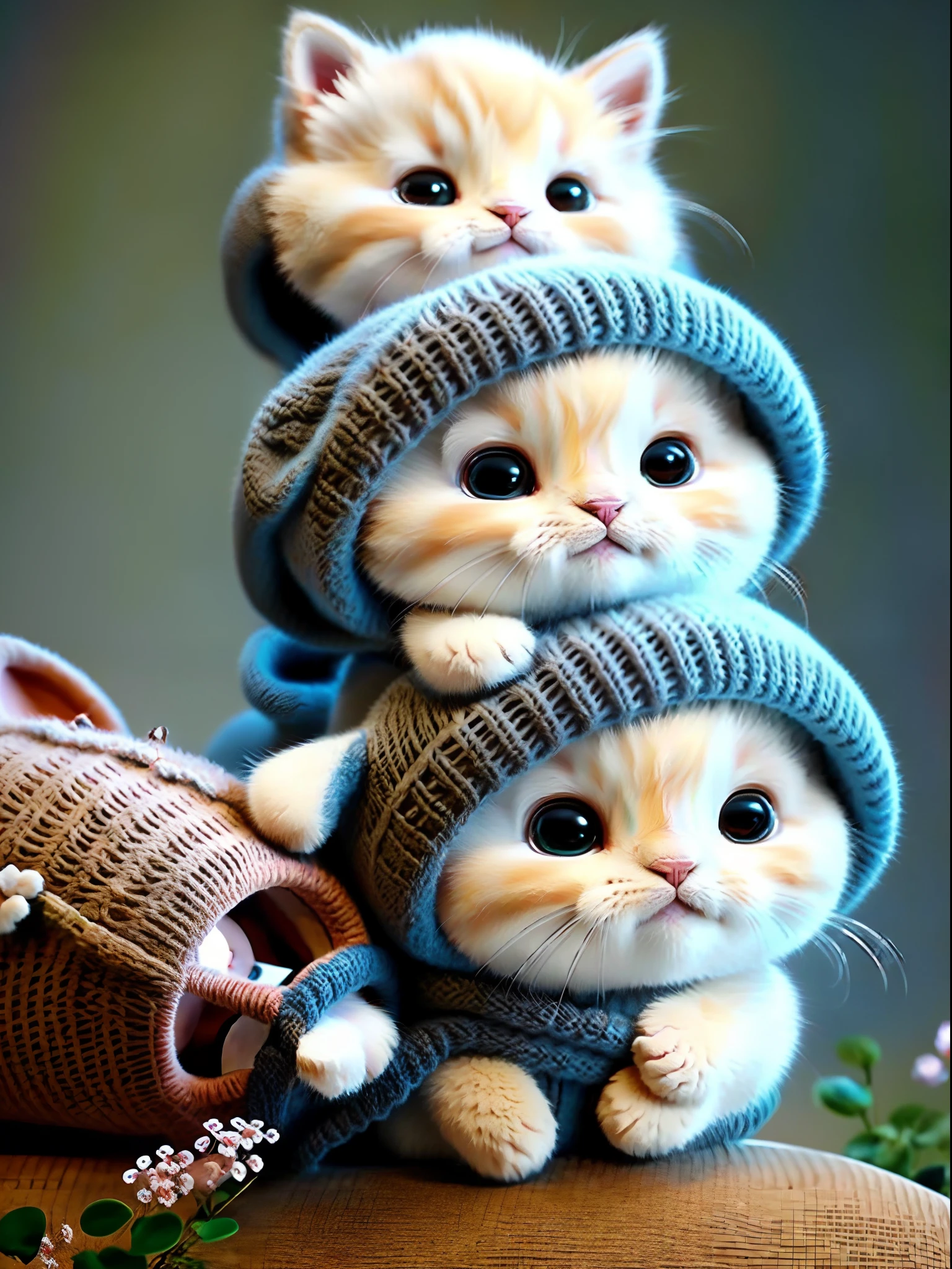 there are two kittens that are wrapped up in a blanket, cute cats, adorable digital painting, cute cat photo, cute and adorable, cute 3 d render, cute digital art, cute kittens, adorably cute, cute adorable, cute animals, cute detailed digital art, lovely and cute, cute animal, smol fluffy cat wearing smol hat, adorable and cute, cute hats