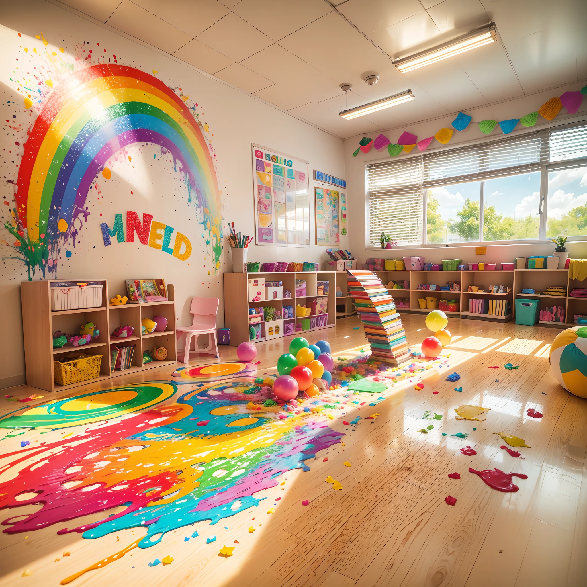 Kindergarten rainbow theme activities,Classroom,Girl with colorful brushes,Joyful laughter,bright vibrant colors,Artistic expression and creativity,Full of happiness and excitement,Cheerful and fun atmosphere,Beautifully decorated classroom walls,Paper cuts and crafts hang on the ceiling,With a giant rainbow painting as the core,Expressive and imaginative artwork,Glitter and glitter add a magical touch,Cute rainbow themed snacks and snacks,Unforgettable and heartwarming moments,Best quality,high resolution,Masterpiece,Ultra-detailed,Realistic,Portrait style,Vivid and vibrant colors,Warm and soft lighting