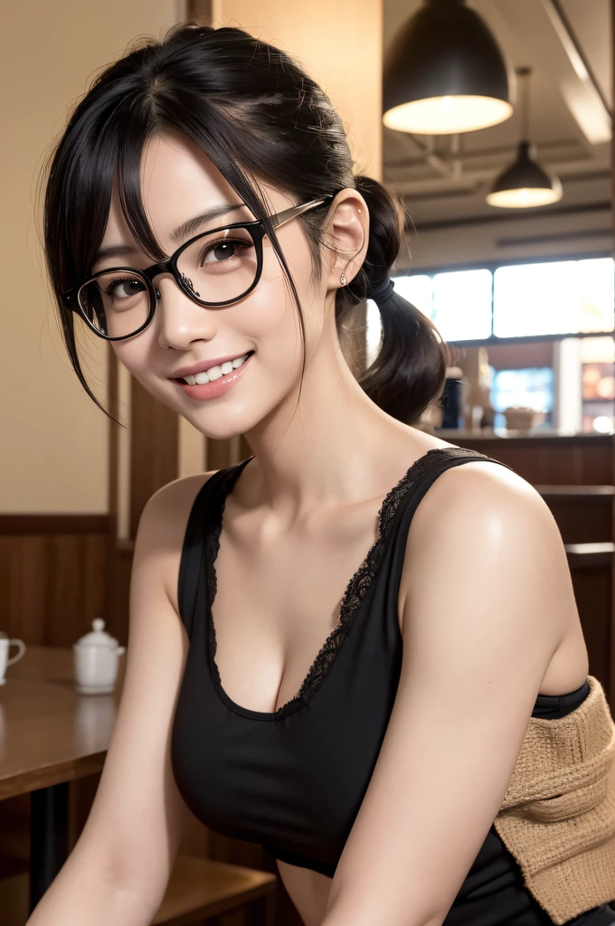 8K, Raw photo, Best Quality, ultra-detailliert, Ultra High Resolution, Realistic, photographrealistic, high-definition RAW color photography, professional photograpy, Extremely detailed, 8K Wallpaper, amazing, finely detail, Huge file size, extra detailed face, extremely detailed eye, highlydetailed skin, extremely detailed fingers, highly detailed nose, highly detail mouth, Perfect ???????, Highly detailed background, ((japanaese girl)), Realistic body, Good figure, Black hair, ((curly pony tails)), glasses, Cute face, Photography, (Happy smile), Perfect Skin, Perfect ???????, Beautiful midriff, ((cafe)), (morning), (high-angle shot),