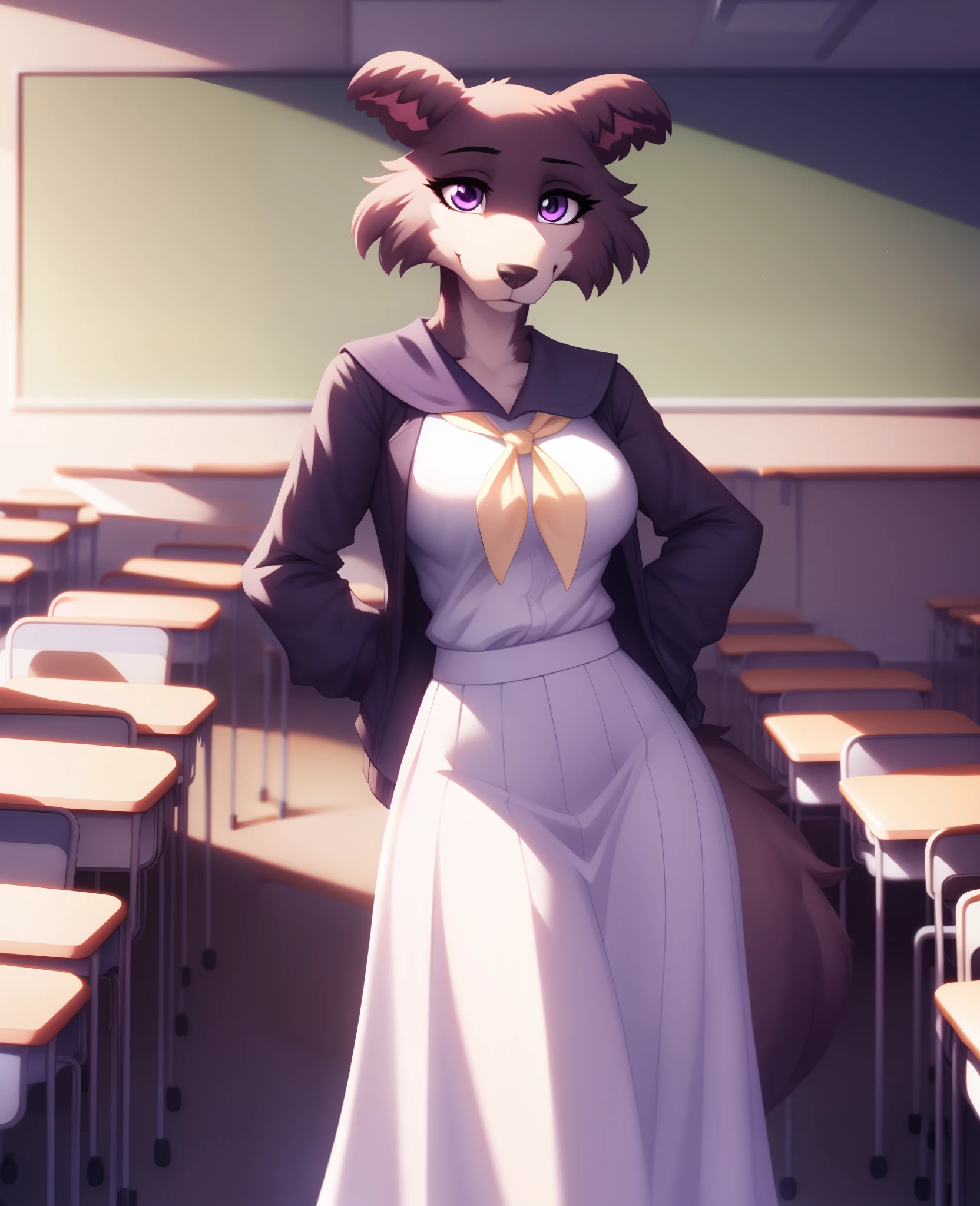 furry anthro juno, medium breasts, junouniform, white clothing, long skirt, long sleeves, neckerchief, solo, full body, tail, countershading, (best quality, masterpiece:1), standing, sexy pose, purple eyes, looking at viewer, (school classroom background:1.1), octane render