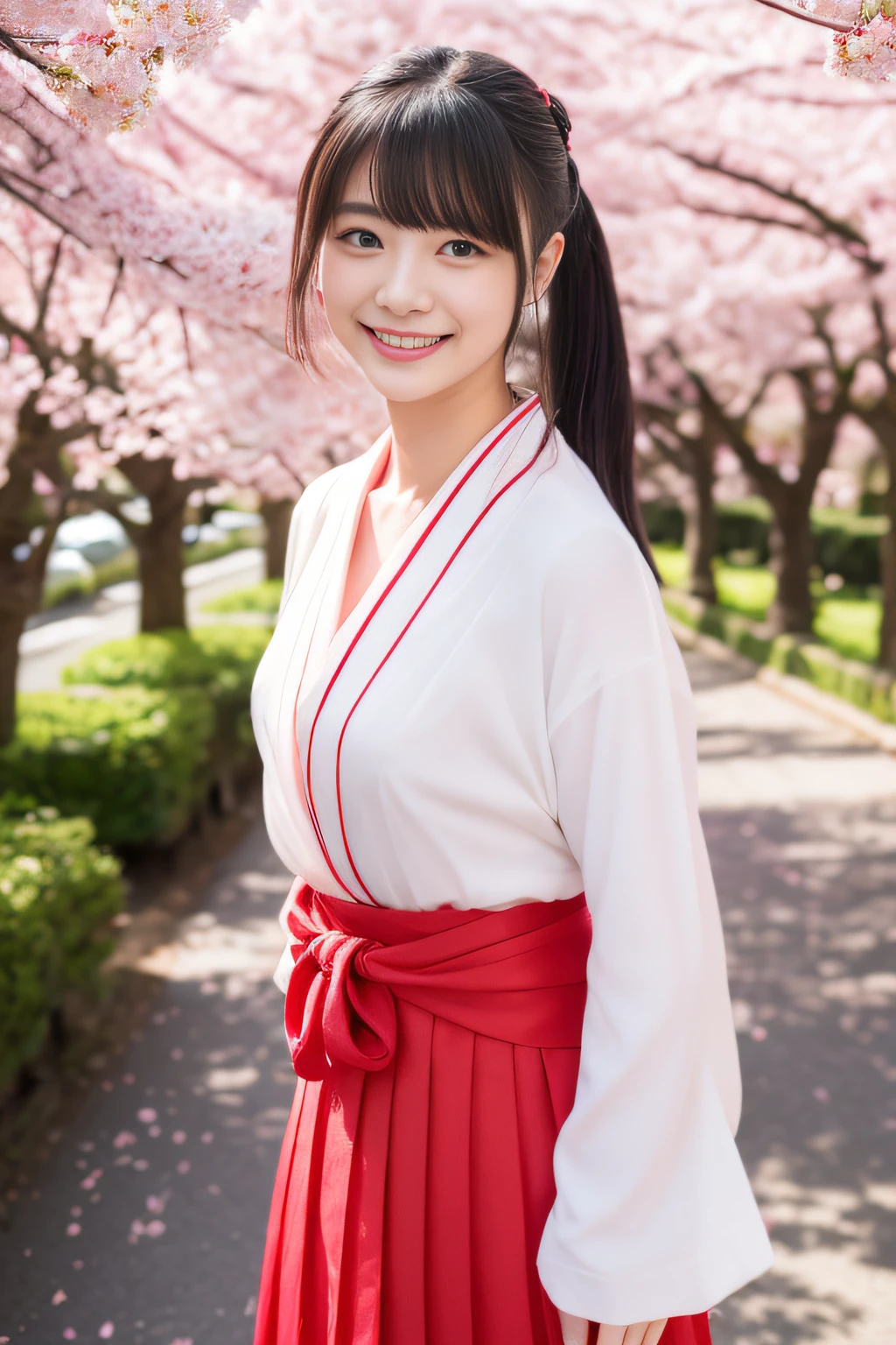 top-quality、8K、photoRealstic、1 girl in、bangss、cute little、、White and vermilion hakama、A smile、long、A path lined with flourishing cherry blossom trees、cherryblossom、Vermilion pleats、