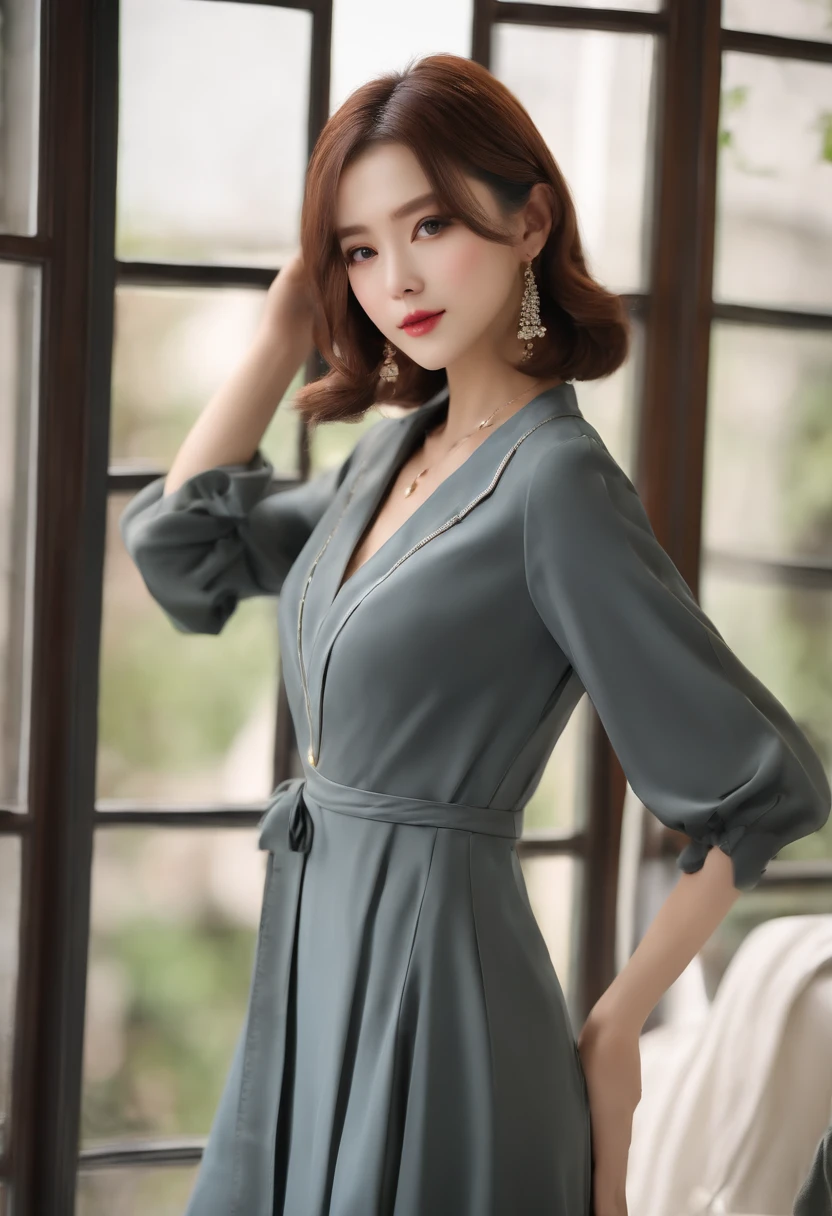((top-quality、8K、masterpiece:1.3))、sharp:1.2、Perfect Body Beauty:1.4、Slim abs:1.2、(Short Cuts Brown Hair Hairstyles、huge tit:1.2))、Highly detailed facial and skin texture、A detailed eye、二重まぶた、Japan Female Student、open dress