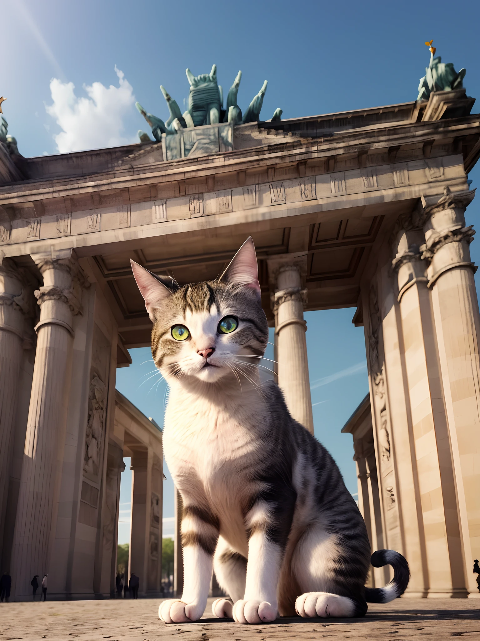 A girl with beautiful detailed eyes and lips in a vibrant garden, immersed in the world of Naruto. She is surrounded by 3D renderings of cat characters engaged in an intense battle. The scene takes place in front of the iconic Brandenburg Gate and Reichstag building, with the girl showcasing her fierce energy as she delivers powerful kicks and punches. The artwork is of the highest quality, with a resolution of 4k or 8k, allowing for ultra-detailed and realistic visuals. The art style combines elements from anime and concept art, creating a visually striking composition. The color palette consists of vivid and bold colors, enhancing the overall impact of the artwork. The lighting highlights the intense and dramatic nature of the fight, with dynamic shadows and highlights adding depth to the scene.