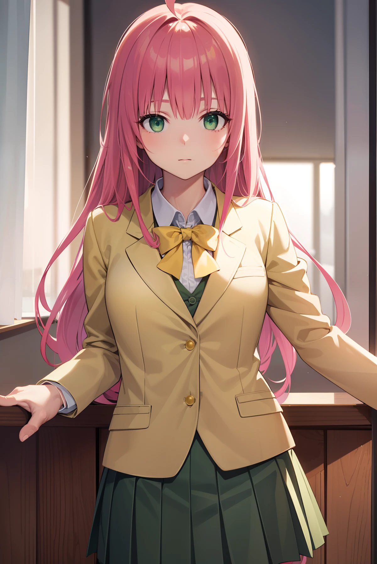 Laladevilluke, Lara Dviluk, Long hair, Pink hair, Tail, ahoge, bangs, hair adornments, (Green eyes:1.5),
BREAK school uniform, White shirt, (yellow blazer:1.5), Blazer, ribbon, Green Ribbon, pleated, Pleated skirt, Skirt, (Green skirt:1.5),
BREAK looking at viewer,
Break indoors, Classroom,
Break (Masterpiece:1.2), Best quality, high resolution, Unity 8k wallpaper, (illustration:0.8), (Beautiful detailed eyes:1.6), Extremely detailed face, Perfect lighting, Extremely detailed CG, (Perfect hands, Perfect anatomy),