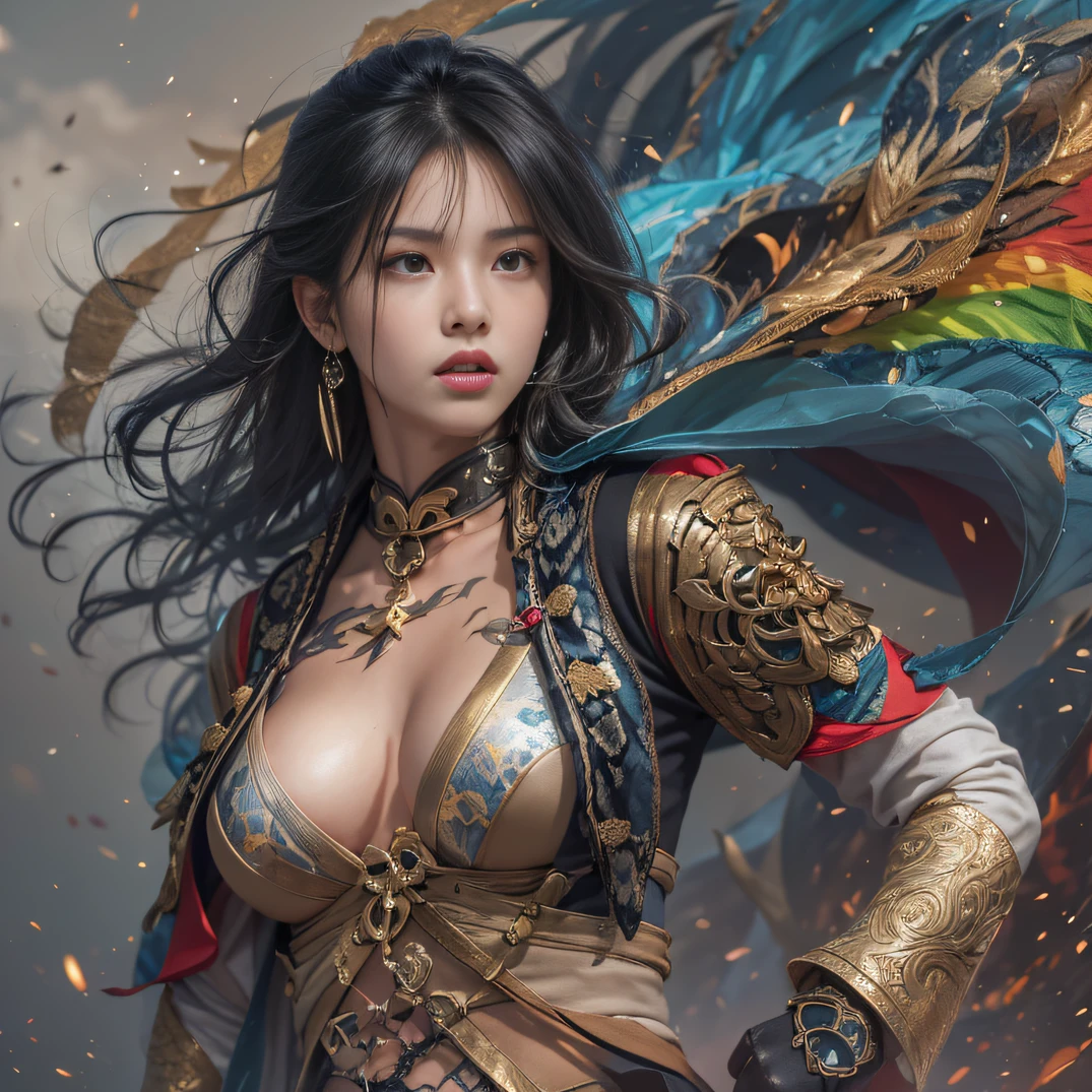 (Sunny)My eyes were full of confusion,He clenched his fists,Rush up,Deliver a fatal blow to your opponent,full bodyesbian,Full Body Male Mage 32K(tmasterpiece,k hd,hyper HD,32K)Flowing black hair,The camp is disorganized,zydink, Rainbow colors, patriot (rainbowing), (Linen batik scarf), Angry fighting stance, looking at the ground, Batik linen bandana, Chinese python pattern long-sleeved garment, (Abstract propylene splash:1.2)(((rainbowing))),The male mage was furious,