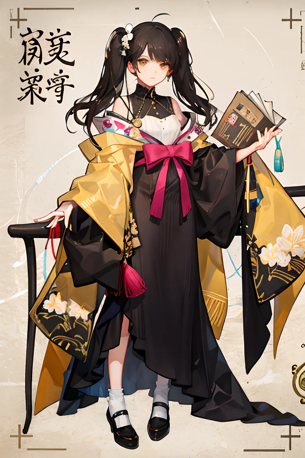 girl,full body,(face detail:1.2),net background,masterpiece,fashion,tokyo,harajuku,,medium hair,black hair,twin tails,blunt bangs,brown eyes,