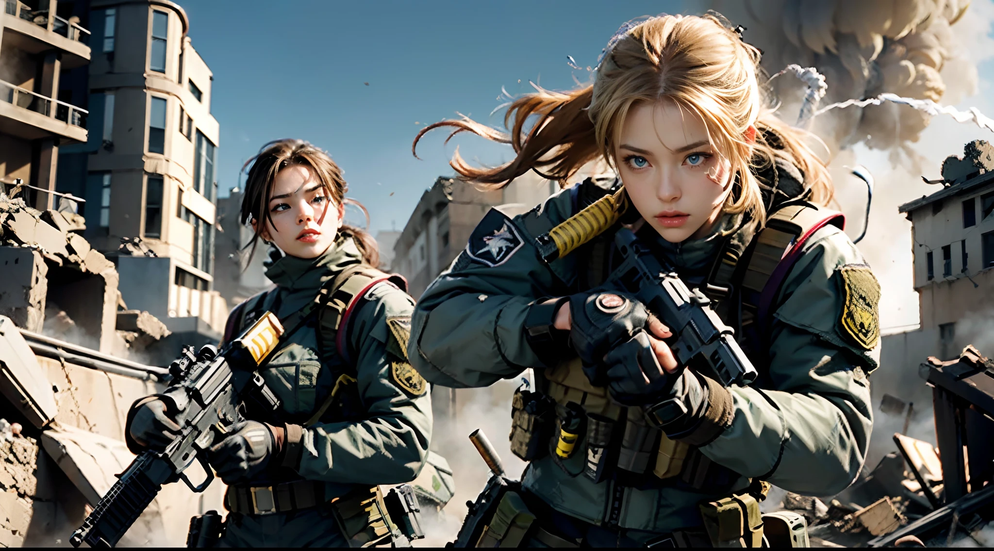 1girll, military personnel, blond hairbl, eBlue eyes, musculous, Military operations, counter-terrorism, rescue mission, Sharp facial features, scar on left cheek, stern expression, Determined, Focused, ready for action, tactical vest, cargo pants, Combat boots, Fingerless gloves, Be bold and come out, holding assault rifle, scanning the environment, aiming down sights of her weapon, looking for targets. stepping forward, ready to lead her team, urban surroundings, Rubble and debris, smoke and dust in the air.