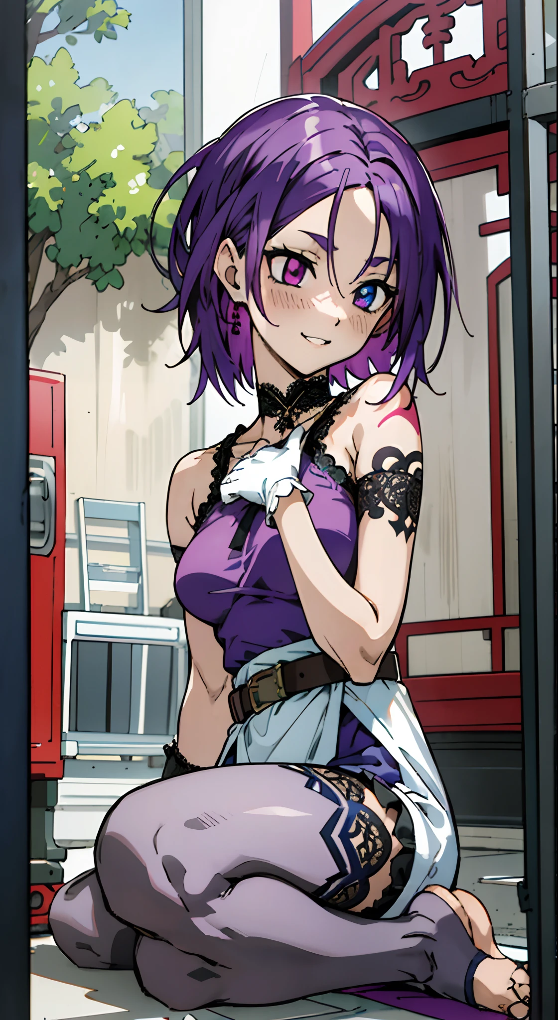 masutepiece, Best Quality, Ultra-detailed, Off-the-shoulder clothing, Colorful,Up-close, Hyper-detailing，purple color  hair, Ultra-realistic hair quality, Vibrant colors, Beautuful Women, Beautiful long hair, Shiny hair, detailed hairs, Reo Mikage, Blue Lock, no sleeves, Camisole and cheongsam, dress, lace dress, chinese clothes, Chest exposure, Lace underwear, Metamorphosis is exposed, Choker, Black Choker, arm warmer, frilly arm warmers, gloves, white gloves, short gloves, Relative area, a belt, Sexy breasts, The tattoo, arm tattoos, Dragon tattoo, Tattoo on the wrist, hand tattoo, leggins, Blue Leggings, Bare feet, Sandals, Black sandals, Sitting on the floor, Sitting on the ground, Big breasts, red blush, 1girl in, Solo, Sharp face, Heterochromia, Green eyes, Purple eyes, Bare neck, Happy face