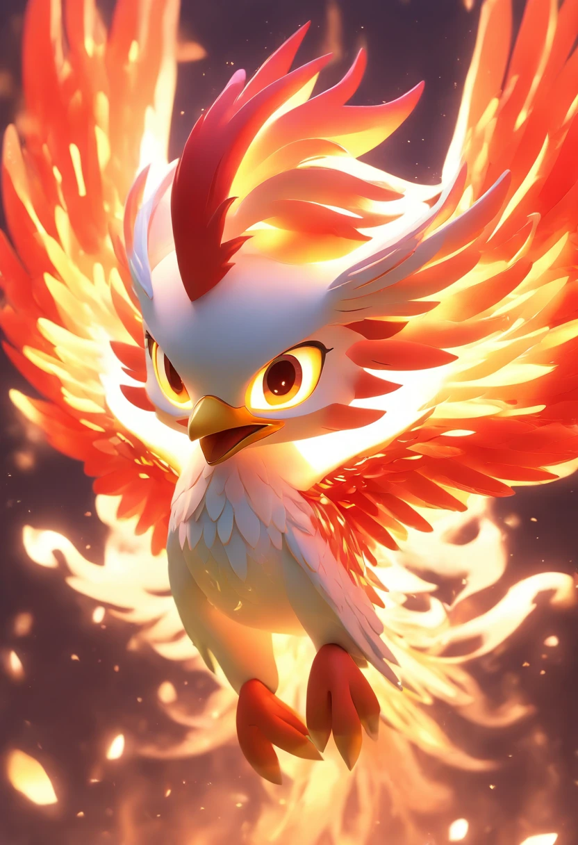 ((best quality)), ((masterpiece)), (detailed), 1phoenix, A darling little stuffed Phoenix (stuffed animal) that is irresistibly cute, with bright, soft feathers in shades of red, orange, and gold. It has big, expressive eyes that sparkle with warmth and wisdom. Adorable appearance, flames flickering around it, in a mystical forest with soft, glowing light. The scene highlights the Phoenix's magical significance and beauty and youthful innocence, octane render,
