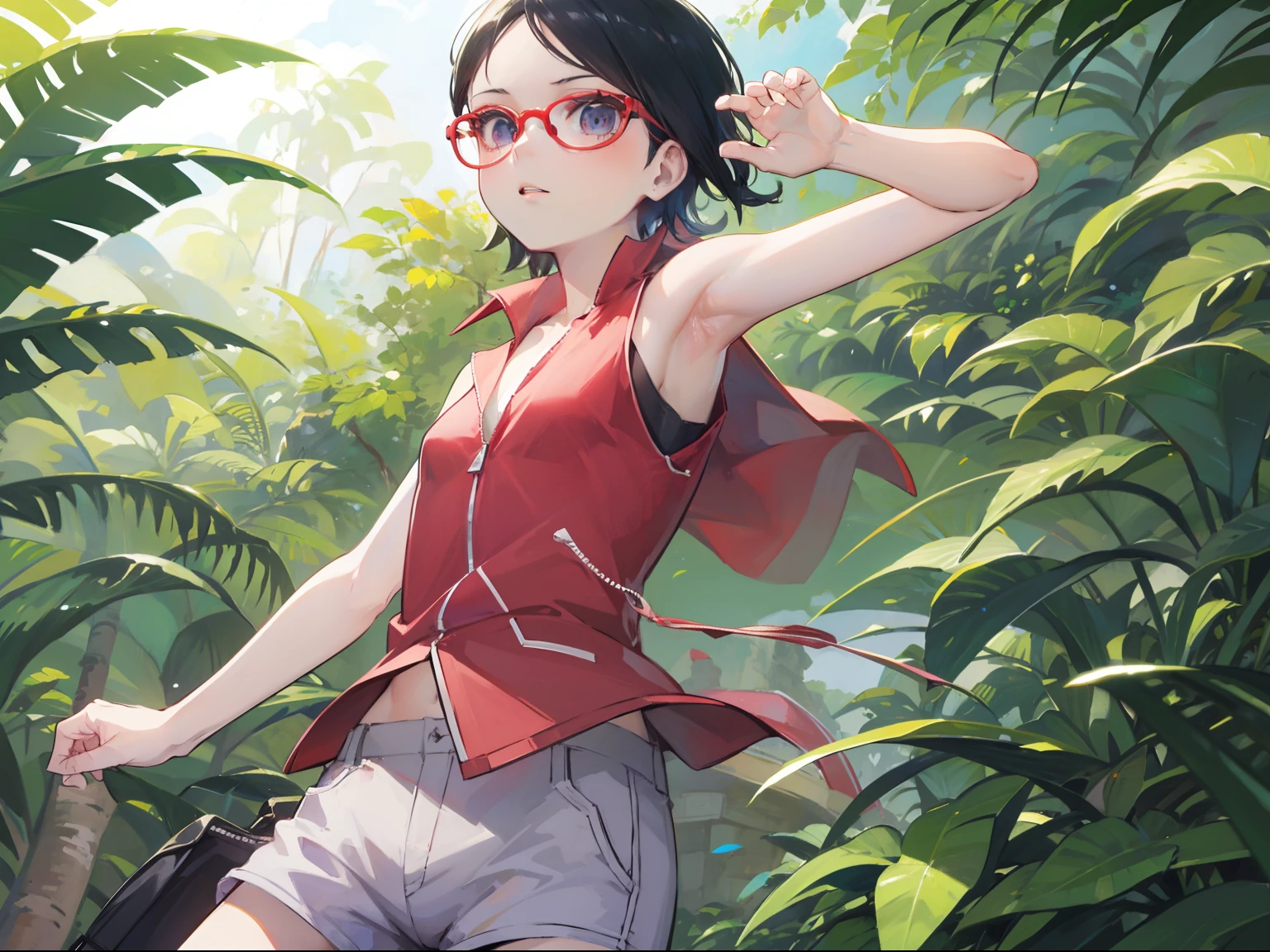 Sarada Uchiha, high quality 4K masterpiece, detail every part specifically, Red blouse, medium breasts, short short , stage in a forest, glasses, short hair, hands up so the armpits are visible, sweat covering the entire body, sweaty from the hot day in the forest, echii gesture on her face , both my hands above armpits 