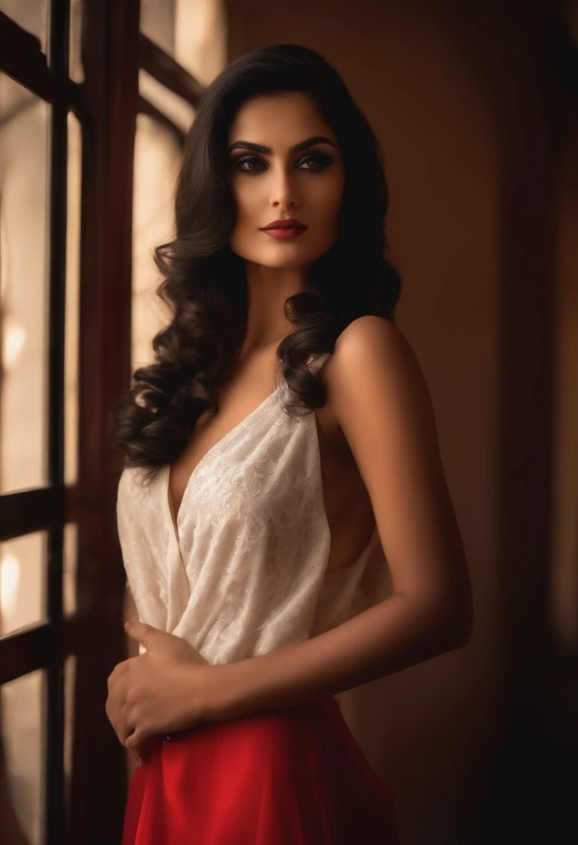 Pakistani girl wearing a formal outfit with a perfect updo, giving a presentation at her workplace in Pakistan. (Realisitc:1.5), 25 years old, breathtaking beauty, natural beauty, delicate face, beautiful eyes, (long wavy (dark shiny black hair: 1.5)), (high posture: 1.5), ((medium breasts: 0.5)), cleavage, seductively walking pose, walking by the outdoor shower, ((topless)), extremely detailed and realistic red clothes, black eyes, pearl skin, (highly detailed skin:1.1), textured skin, subsurface scattering, (sharp focus), amazing fine detail, (cinematic:1.3), (dynamic lighting), intricate details, rich colors, lifelike texture, dynamic composition, modern minimalist exterior, bright daylight,