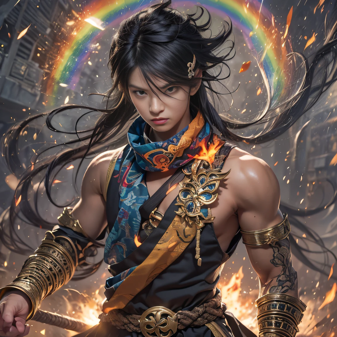 (Sunny)My eyes were full of confusion,He clenched his fists,Rush up,Deliver a fatal blow to your opponent,full bodyesbian,Full Body Male Mage 32K(tmasterpiece,k hd,hyper HD,32K)Flowing black hair,The camp is disorganized,zydink, Rainbow colors, patriot (rainbowing), (Linen batik scarf), Angry fighting stance, looking at the ground, Batik linen bandana, Chinese python pattern long-sleeved garment, (Abstract propylene splash:1.2)(((rainbowing))),The male mage was furious,
