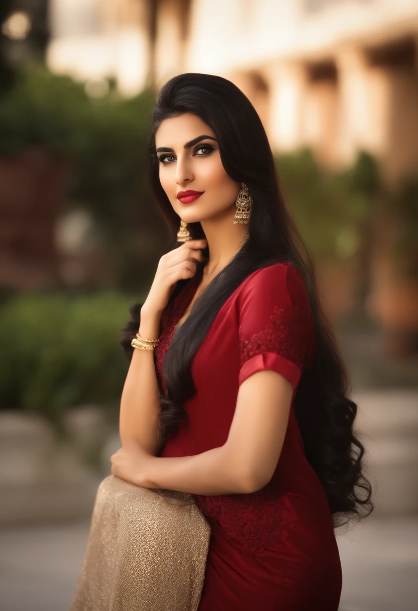 Pakistani girl wearing a formal outfit with a perfect updo, giving a presentation at her workplace in Pakistan. (Realisitc:1.5), 25 years old, breathtaking beauty, natural beauty, delicate face, beautiful eyes, (long wavy (dark shiny black hair: 1.5)), (high posture: 1.5), ((medium breasts: 0.5)), cleavage, extremely detailed and realistic red clothes, black eyes, pearl skin, (highly detailed skin:1.1), textured skin, subsurface scattering, (sharp focus), amazing fine detail, (cinematic:1.3), (dynamic lighting), intricate details, rich colors, lifelike texture, dynamic composition, modern minimalist exterior, bright daylight,