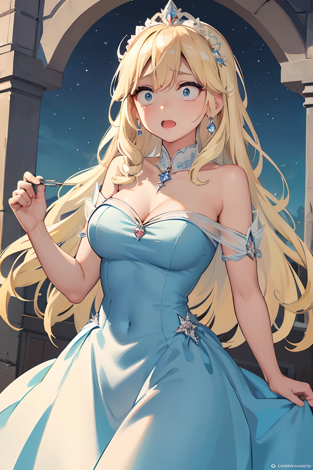 A Princess With Blonde Hair and Blue Eyes Wearing an Elegant Blue Dress.
