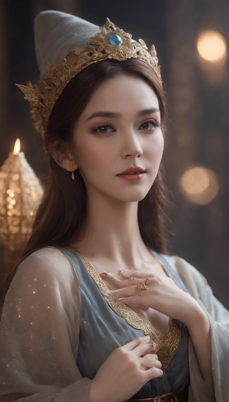 Smiling expression. She is sitting and posing with her legs spread. Generate images of female wizard with sexy robes (Raw legs or tights) And the mysterious magic wand. Give this image a magical aura and starry glow. Next, Add a wizard's sexy robe with a design that emphasizes the lines of the body, With slits and gold thread embroidery that gives a special touch. reeds, Combining accessories and headpieces, Star-shaped jewel-studded necklace, Matching rings and earrings. Finally, Complete the female wizard atmosphere with eyeshadow and glowing lips. location: beneath the stars, Mystical altar lined with huge ancient stone circles. This location is、Match moonlight and starlight.、Provides an atmosphere that complements the wizard's costume.