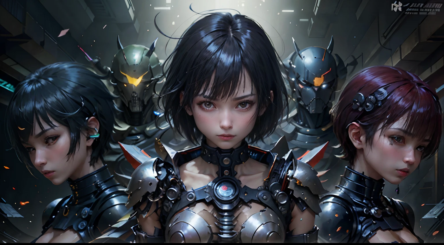 Fantasy、full-body view、Black hair color、Super short hairstyles、cyberpunked、(Double Sword、Scorpion Cyborg Woman、Das Veilchen:1.1)、1 woman、Mechanical technology、Robot Presence、Ninja-like fighting stance、Cybernetic Guardian、