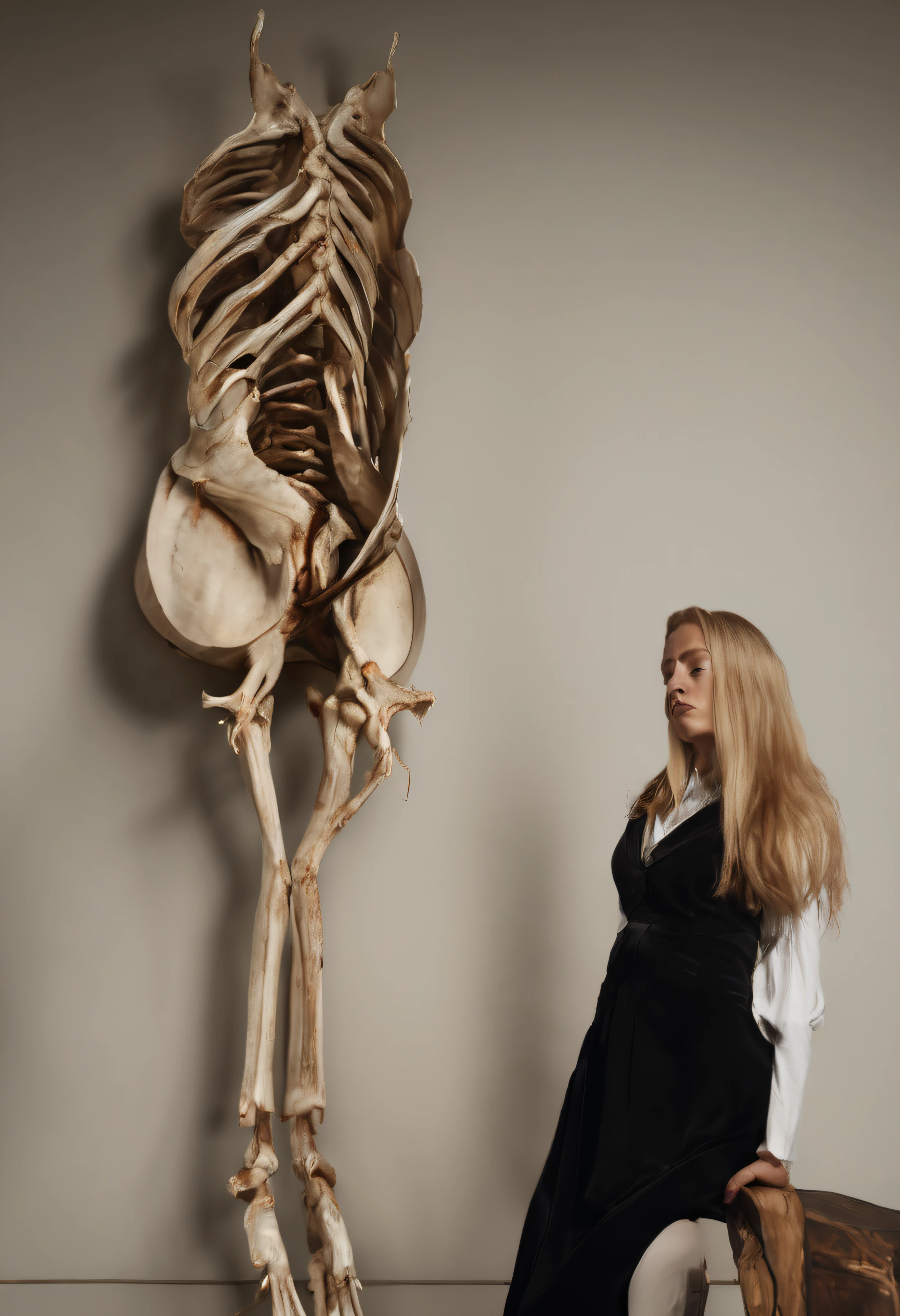 "(The best lighting, alto contraste, oscuro, dramatic),(Chica rubia junto a una cabra negra gigante, Open the rib cage, feto, autopsia, huesos humanos, sangre por las paredes). Luz Caravaggio"