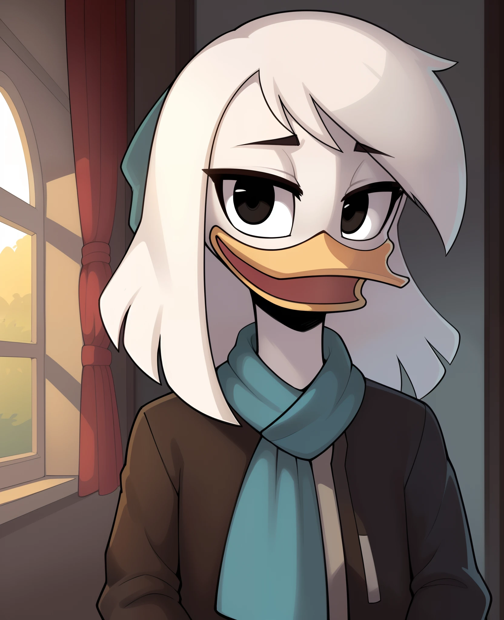 (by ducktales)  (by kyurisawa:1.2) (by chelodoy:1) (by ashraely:1) (anthro duck) (white hands:1.1) (headshot portrait:1.1) (della duck:1.2) (beak) (white hair) (black eyes) (happy) (clothed, clothing:1.3) (teal scarf) (brown_flight_jacket) (collar) (white skin:1.2) (solo:1.1) (mansion, window) ( morning:1.3)