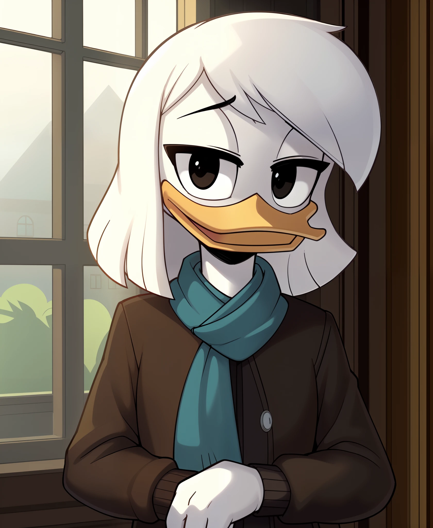 (by ducktales)  (by kyurisawa:1.2) (by chelodoy:1) (by ashraely:1) (anthro duck) (white hands:1.1) (headshot portrait:1.1) (della duck:1.2) (beak) (white hair) (black eyes) (happy) (clothed, clothing:1.3) (teal scarf) (brown_flight_jacket) (collar) (white skin:1.2) (solo:1.1) (mansion, window) ( morning:1.3)