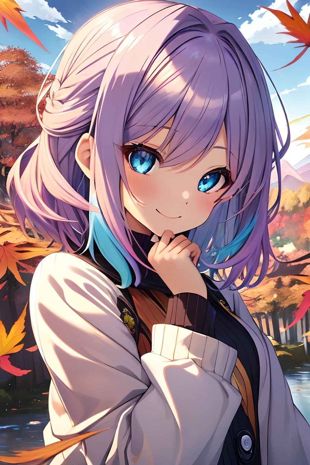 masutepiece, Best Quality,Illustration, Wallpaper, ultra -detail, Absurd beauty, 1beautiful girl、Light purple hair、Glitter and big eyes、Hair fluttering in the wind、♡、Smaller head、((Autumn landscape))、miscievous smile、blue eyess、waved hair、Medium Hair、multi color hair