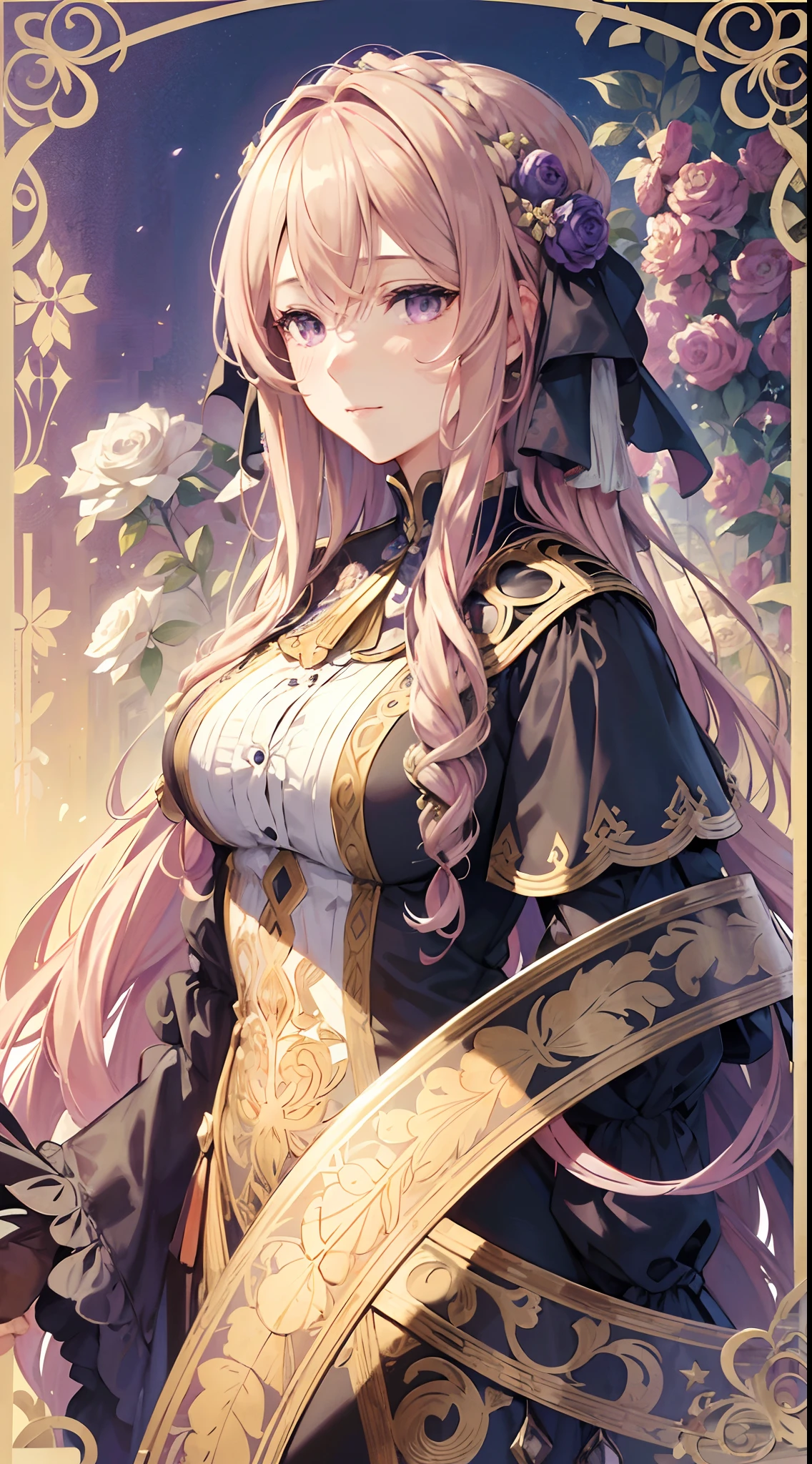 face portrait of a  European female , long curly hair, blond, floral frame, Decorative panels, abstract
artistic, violet evergarden 
(Masterpiece, Best Quality, Highres:1.4), Detailed, Intricate Details, 4K, color splashes, line art,   fibonacci,