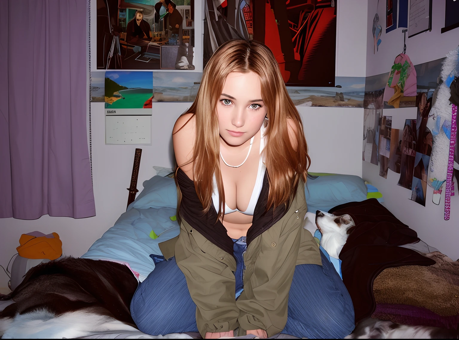 there is a woman sitting on a bed with a dog, posing in a bedroom, in her room, sitting on the bed, sitting in her room, bedroom eyes, teen girl, touching her clothes, in the bedroom at a sleepover, sitting on a bed, sitting on her bed, in my bedroom, sitting in bedroom, in a bedroom