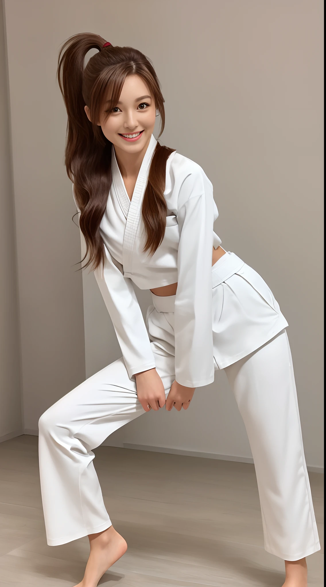 (Photorealsitic)(17 age), Perfectly beautiful woman, (Full body 8K portrait), White Karate Uniform, White karate pants, Large bust,Stand alone, Perfect facial detail, (Smile: 1.15), attractive beautiful face, gazing at viewer, a small face, 二重まぶた, Beautiful detailed eyes, long eyeslashes, ligh brown hair, ponytail in high position, Toned waist, Beautiful thin legs, toned ankles, bare-legged ,TOKYOcty